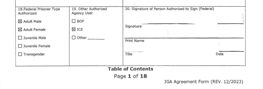 The intergovernmental agreement between Adams County Jail and the U.S. Marshals Service includes ICE has an authorized agency. Under the Illinois Trust Act, no law enforcement agency may enter into or renew any intergovernmental service agreement to house or detain individuals for federal civil immigration violations.