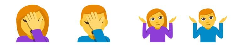 From left: Woman faceplaming; man facepalming, woman shrugging; man shrugging. (Emoji artwork provided by EmojiOne)