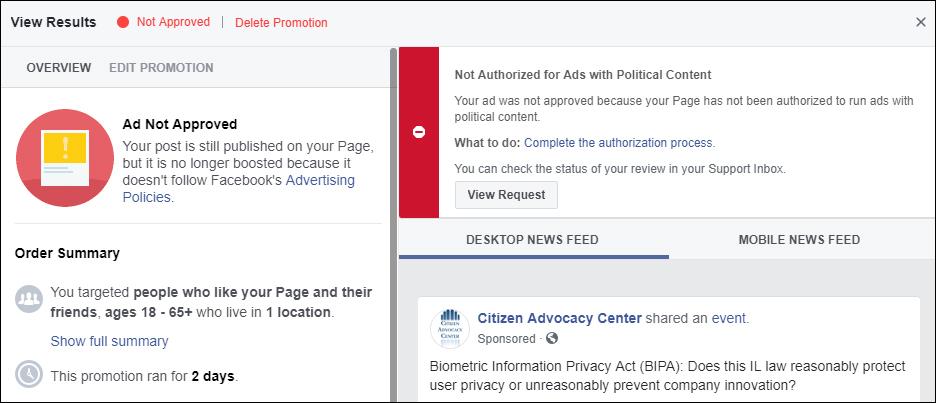 Facebook denied an advertisement by Elmurst-based Citizen Advocacy Center for an event on data privacy, flagging the ad as "political content." (Courtesy Citizen Advocacy Center)