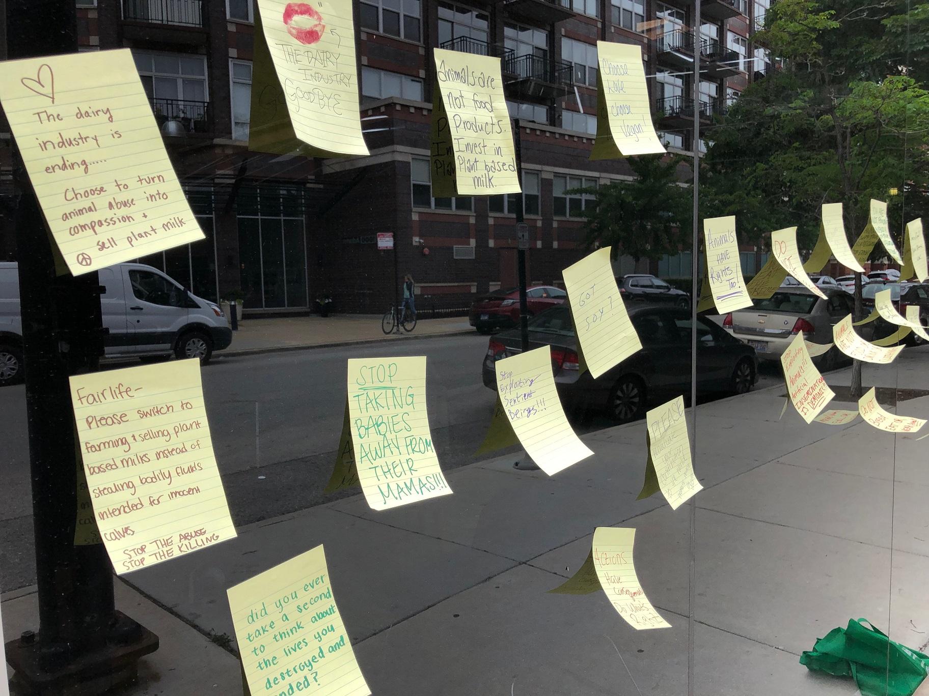 Notes left at Fairlife's Chicago headquarters by animal welfare advocates (Alex Ruppenthal / WTTW News)