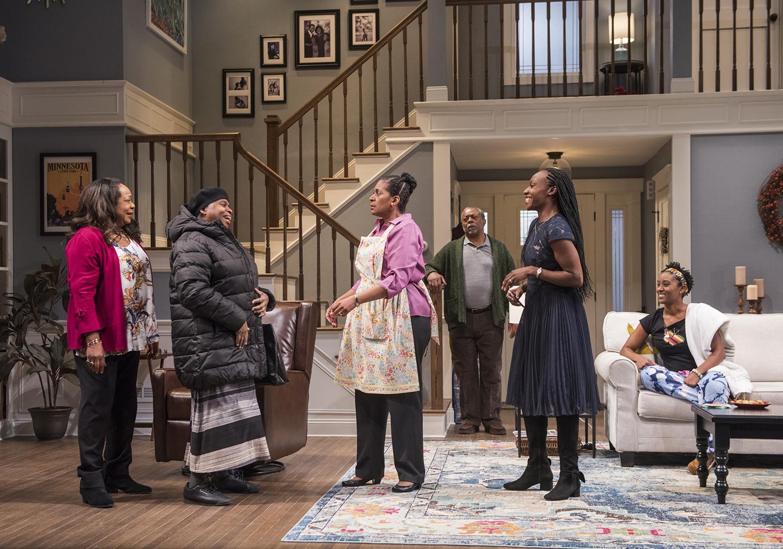 From left: Jacqueline Williams, Cheryl Lynn Bruce, Ora Jones, Cedric Young, Lanise Antoine Shelley and Celeste M. Cooper in Steppenwolf’s Chicago premiere production of “Familiar” by Danai Gurira. (Photo by Michael Brosilow)