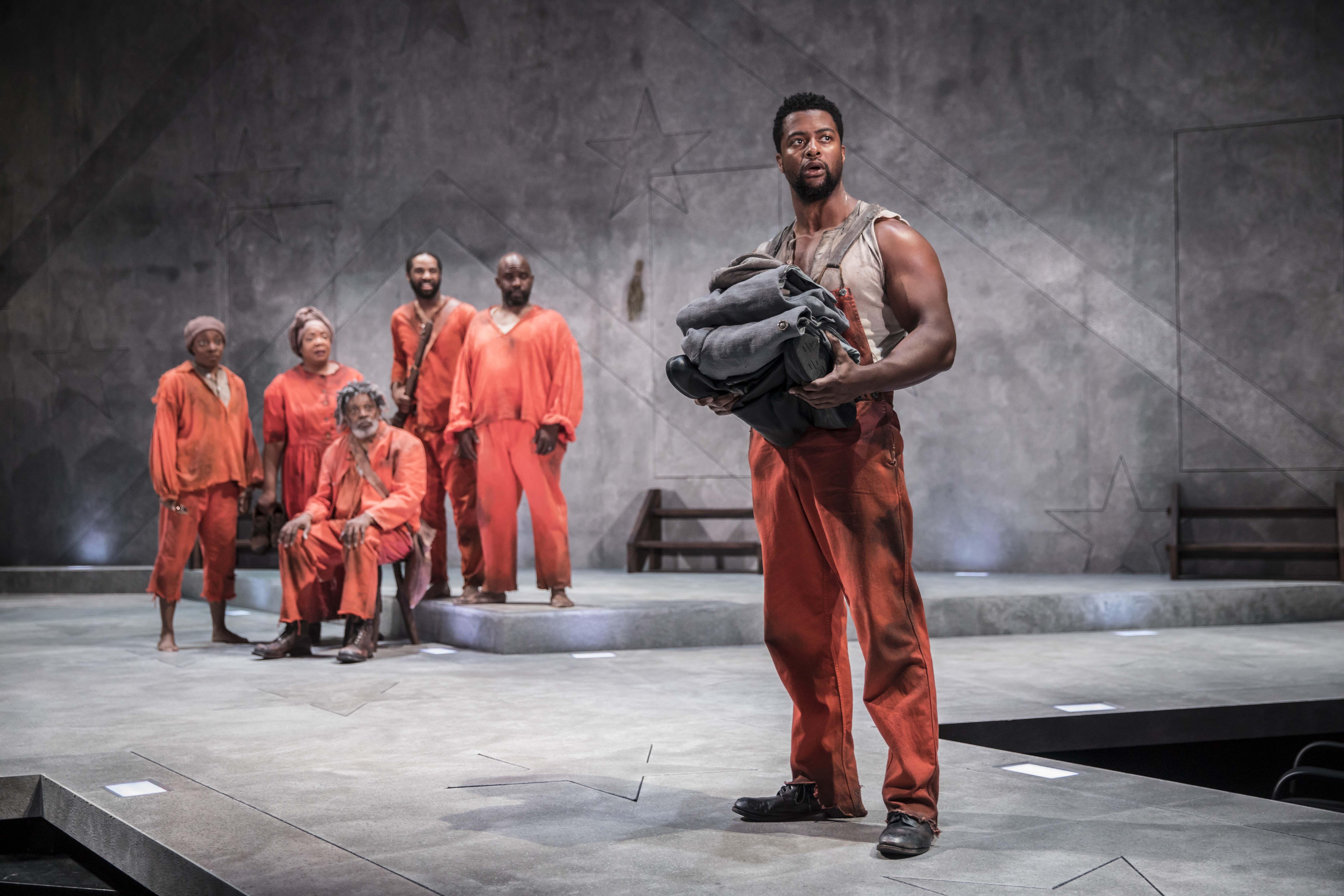 From left: Sydney Charles, Jacqueline Williams, Ernest Perry Jr., Michael Aaron Pogue, Ronald L Conner and Kamal Angelo Bolden in the Chicago premiere of “Father Comes Home from the Wars (Parts 1, 2 & 3)” by Suzan-Lori Parks. (Credit: Liz Lauren)