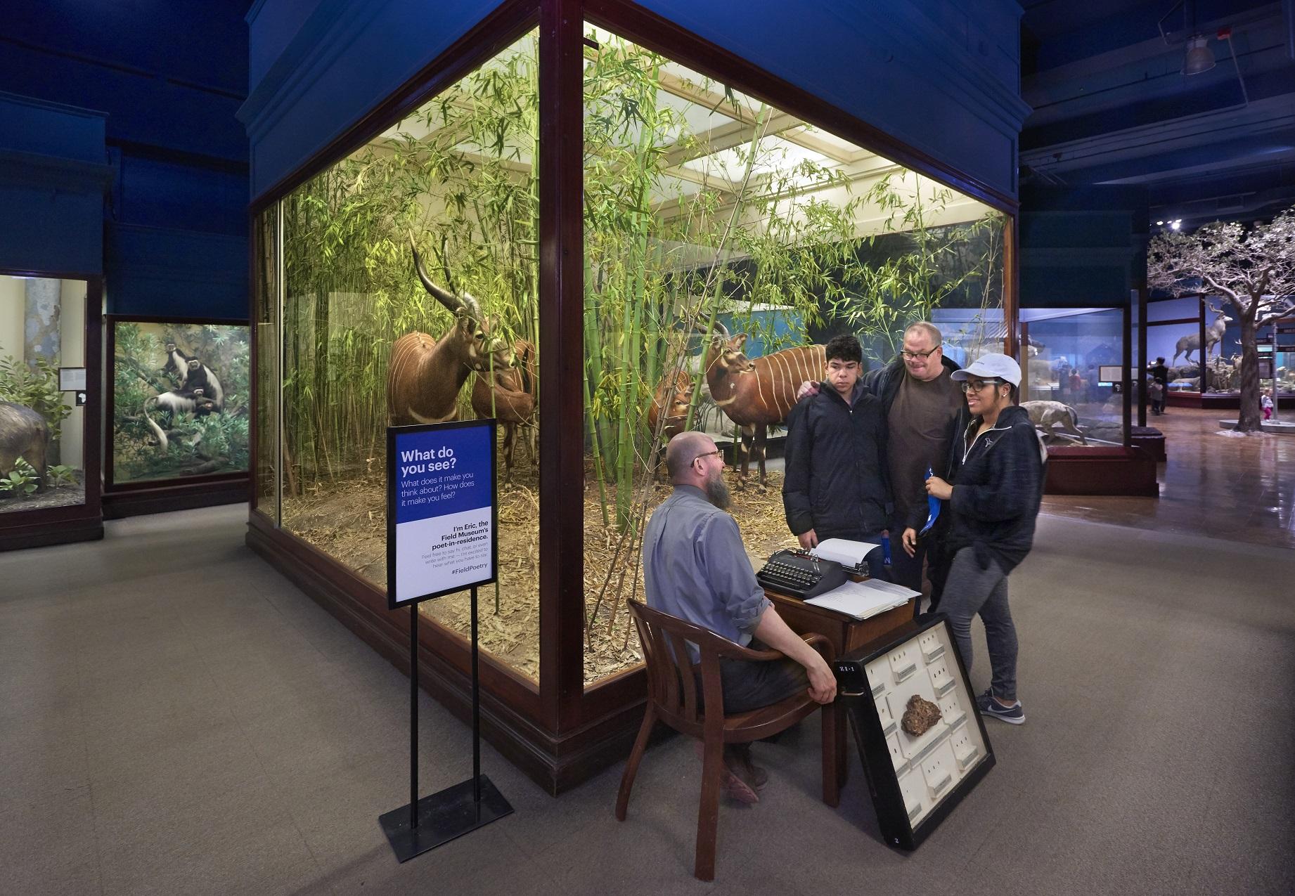 Eric Elshtain interacts with guests in front of dioramas at the Field Museum. (John Weinstein / The Field Museum)