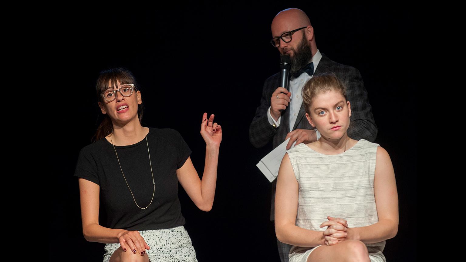 From left: Aurelie Lannoy, Angelo Tijssens and Charlotte De Bruyne in Ontroerend Goed’s “Fight Night.” (Photo by Yvon Poncelet)