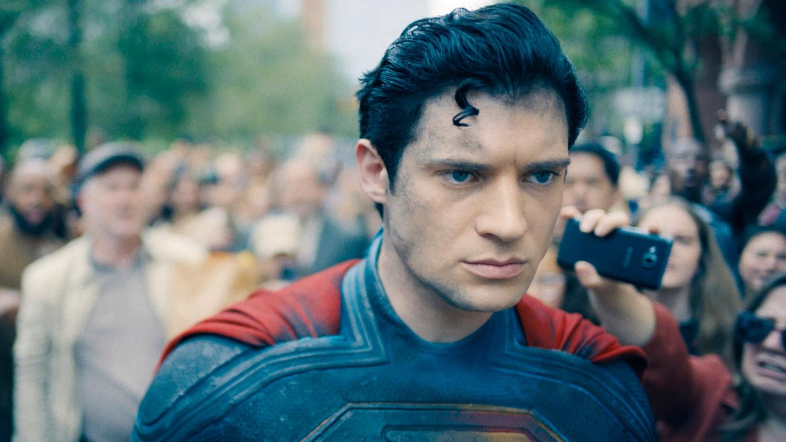 This image released by Warner Bros.Pictures shows David Corenswet in a scene from &quot;Superman.&quot; (Warner Bros. Pictures via AP)