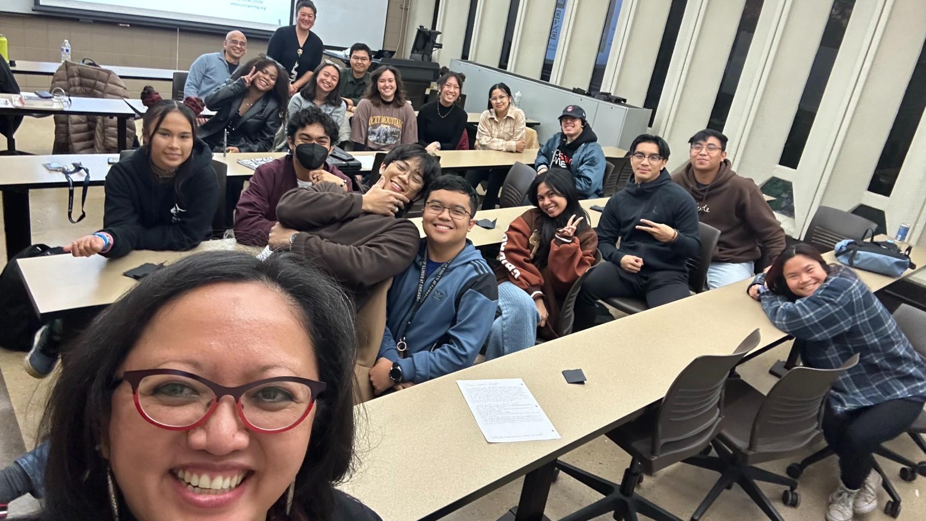 Students taking Intro to Filipino American Studies at UIC are visited by guests Ginger Leopoldo and Larry Leopoldo from the organization CIRCA-Pintig on Oct 10. (Courtesy of Anna Guevarra)