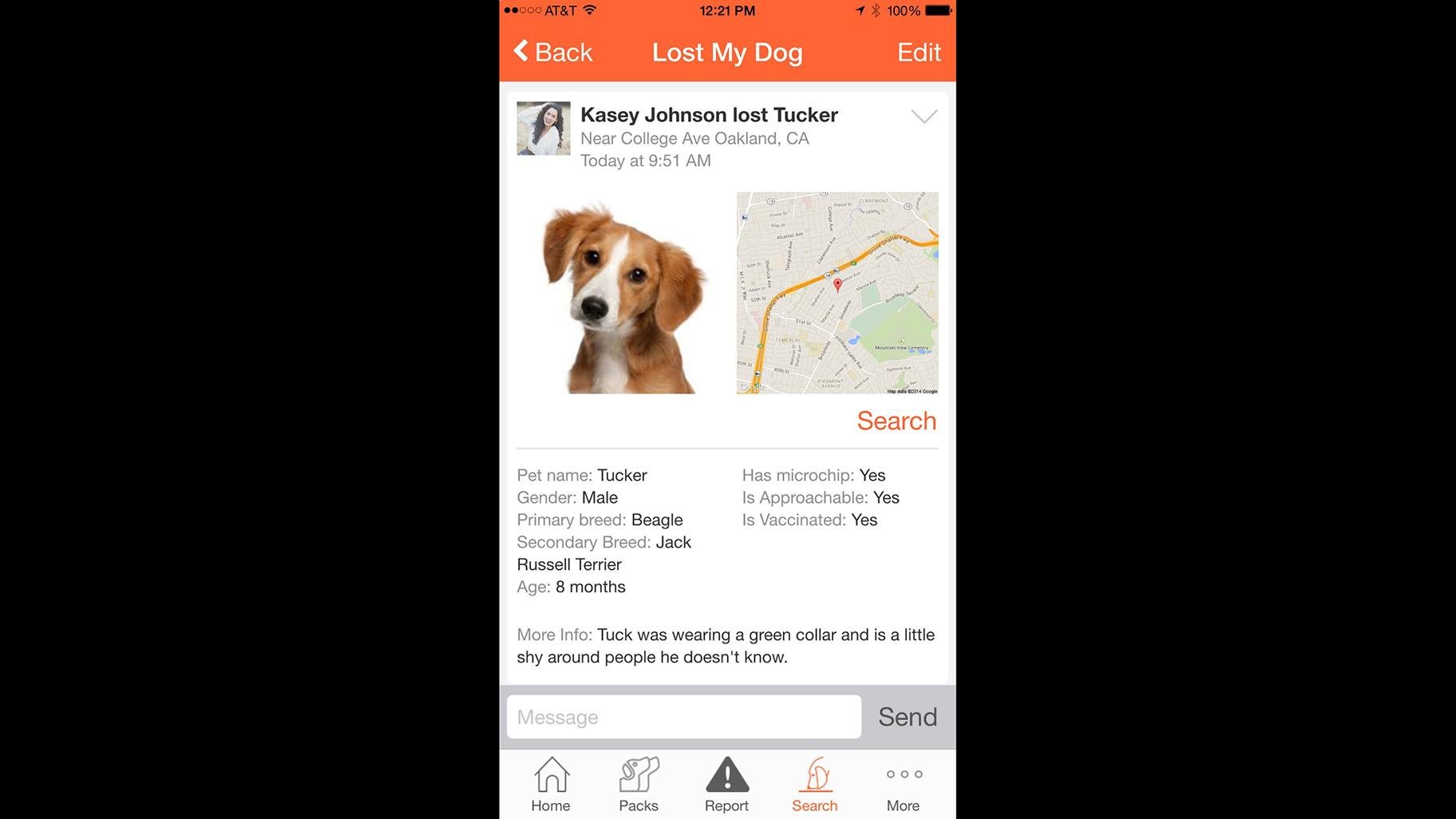 Owners who upload photos of their pets to Finding Rover can report a pet lost, enabling other users of the app to identify and return the pet. (Courtesy Finding Rover)