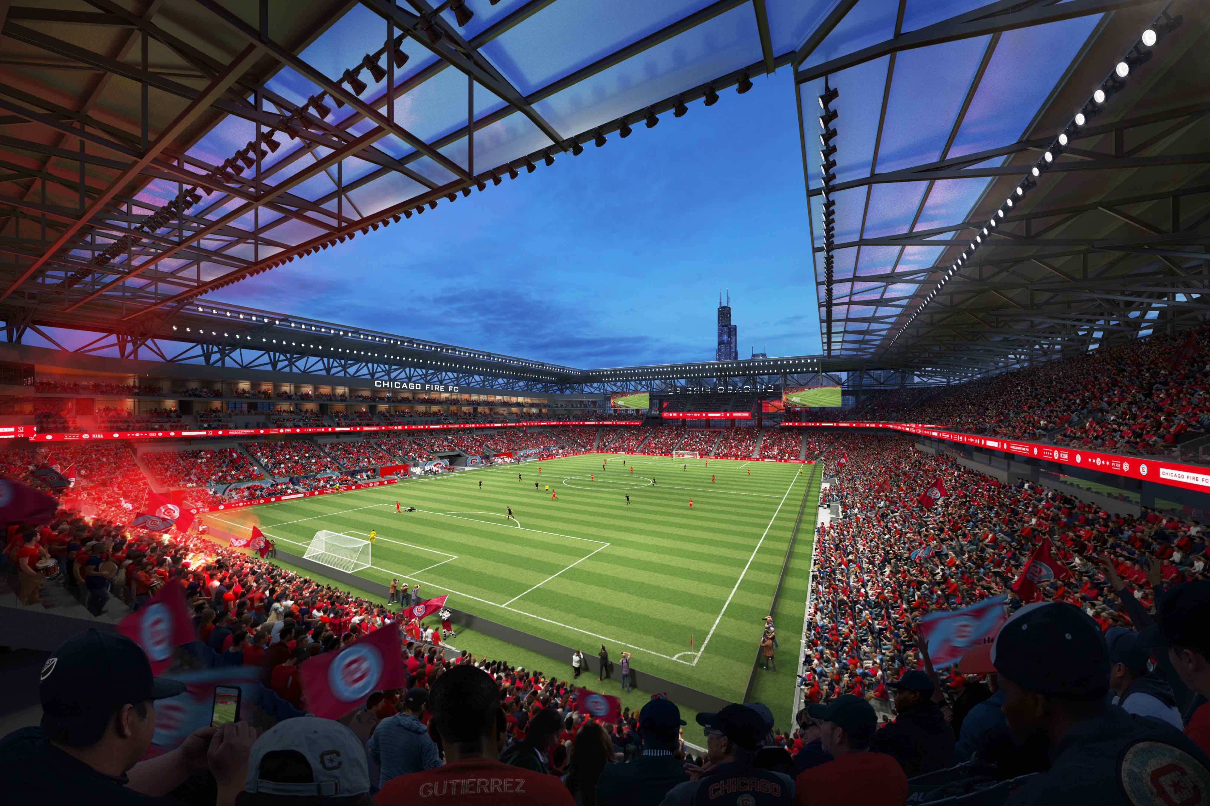 A rendering of the proposed stadium's steel canopy and bowl, designed to bring seats closer to the action and create a more intimate experience, according to the team. (Courtesy of Chicago Fire FC and Gensler)