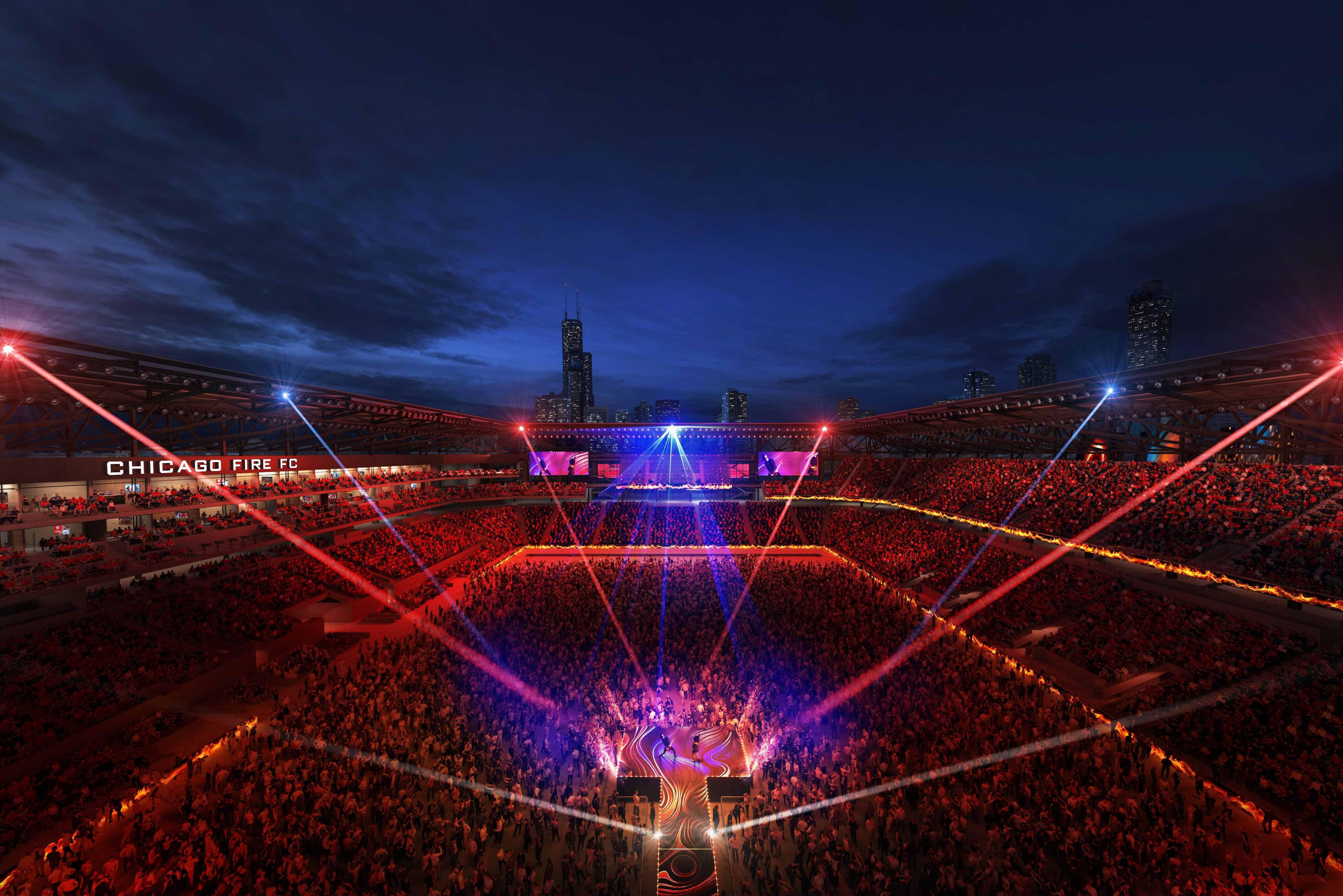 A rendering of the proposed stadium's configuration for concerts and other non-soccer events. (Courtesy Chicago Fire FC and Gensler)