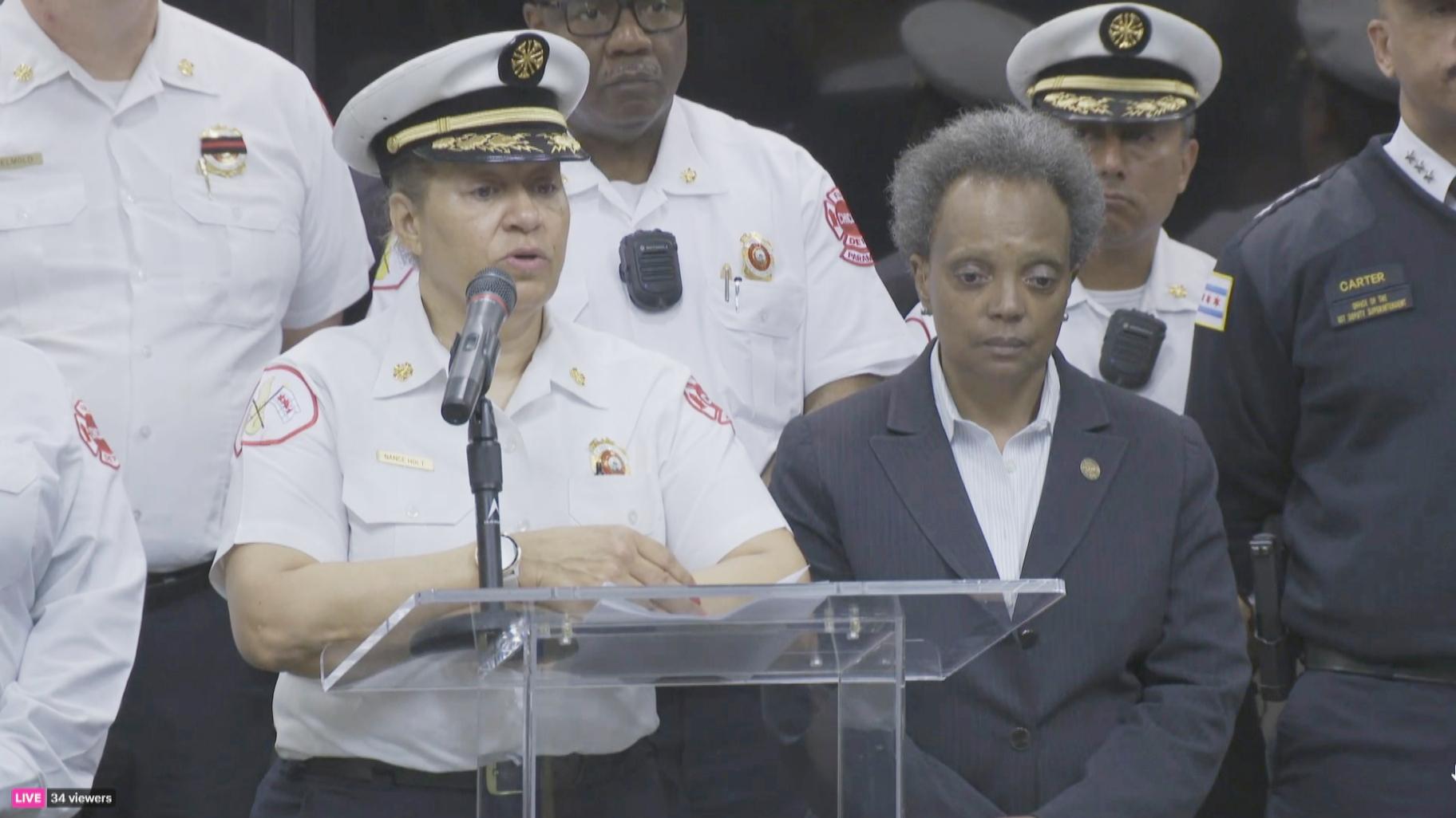 Fire Commissioner Annette Nance-Holt and Mayor Lori Lightfoot announce the death of Chicago Fire Lt. Jan Tchoryk on April 5, 2023. (Chicago Mayor’s Office)