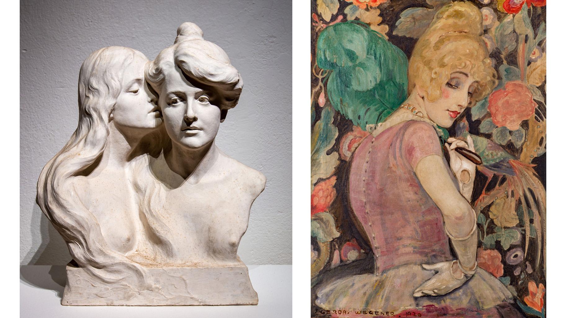 Left: “La Confidence (The Secret),” by Ida Matton, 1902. (Joel Bergroth / Hälsinglands Museum) Right: “Lili With a Feather” by Gerda Wegener, 1920. (Reproduction by Morten Pors Nielsen)
