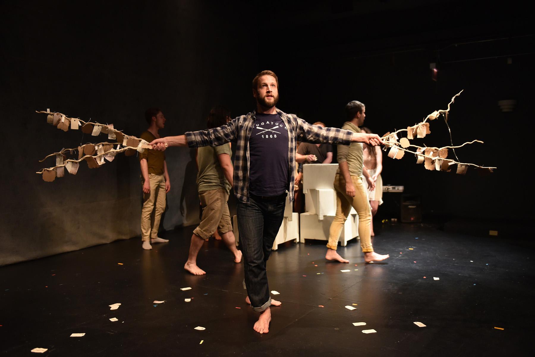 Nick Graffagna with the cast of Kokandy Productions’ “Flight,” with book, music and lyrics by Michael Potsic, directed by Allison Hendrix, with music direction by Kevin Reeks, part of Underscore Theatre Company’s Chicago Musical Theatre Festival. (Michael Courier)