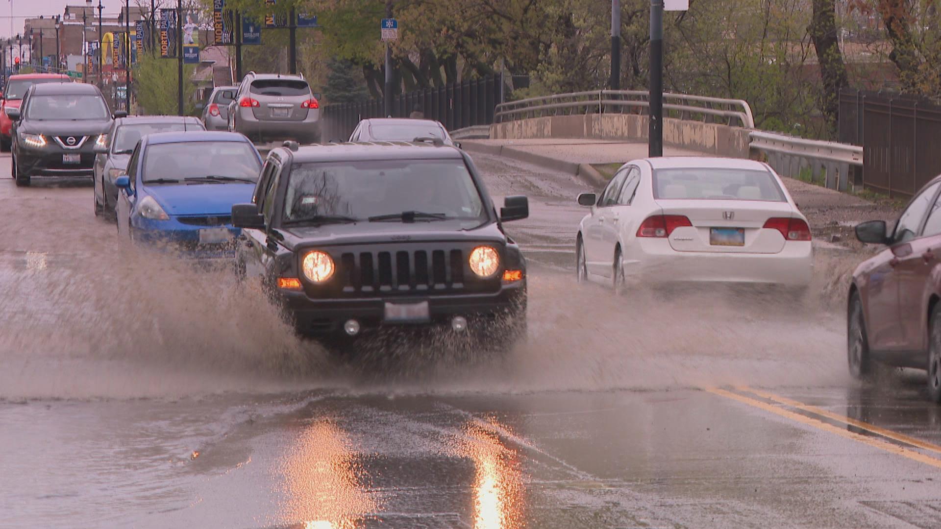 Standing water along Foster Avenue near River Park on May 1, 2019 was caused by catch basins that filled with debris and drained slowly, according to a spokesperson for the Chicago Department of Transportation.