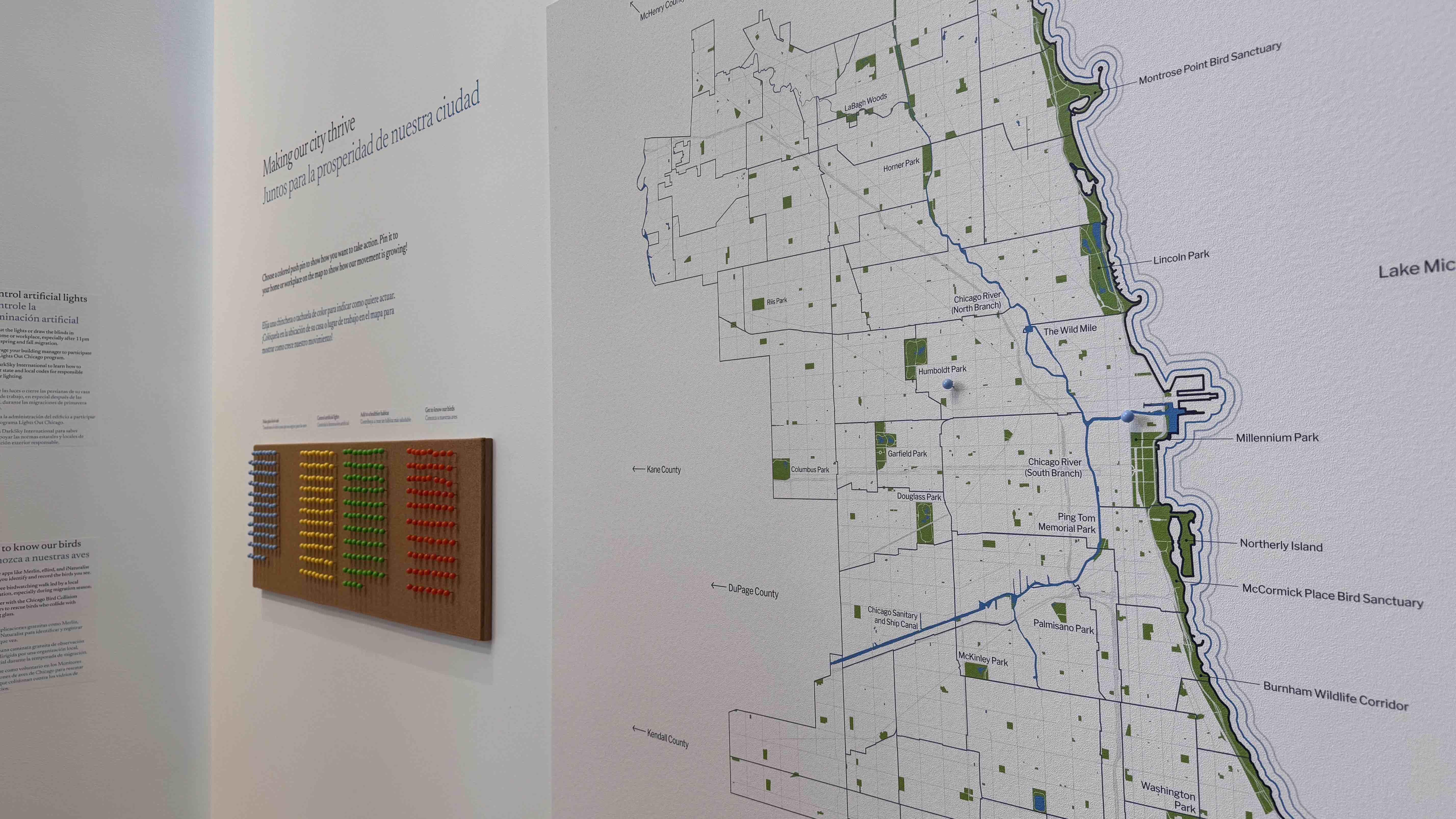 Visitors to “Flyway City” can commit to taking one of several bird-friendly actions at home and place a pin near their building. (Patty Wetli / WTTW News)