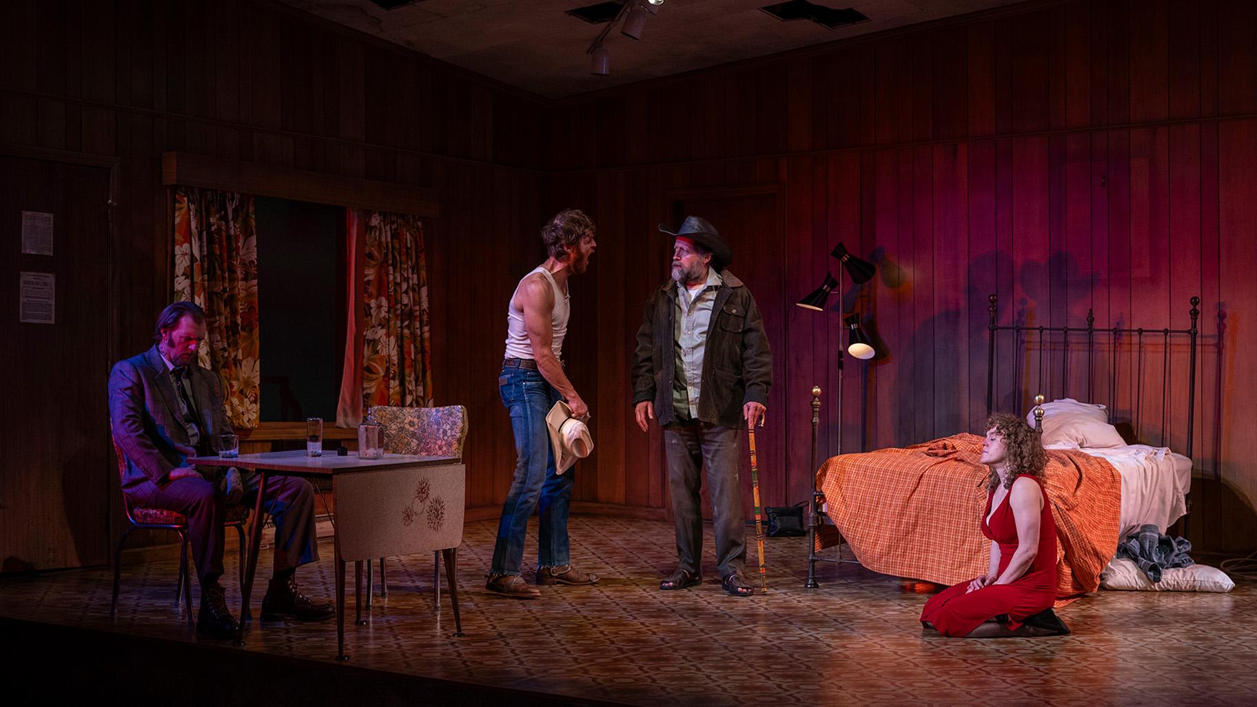 (left to right) Ensemble member Cliff Chamberlain, Nick Gehlfuss and ensemble members Tim Hopper and Caroline Neff in Steppenwolf Theatre’s revival of “Fool for Love.” (Michael Brosilow)