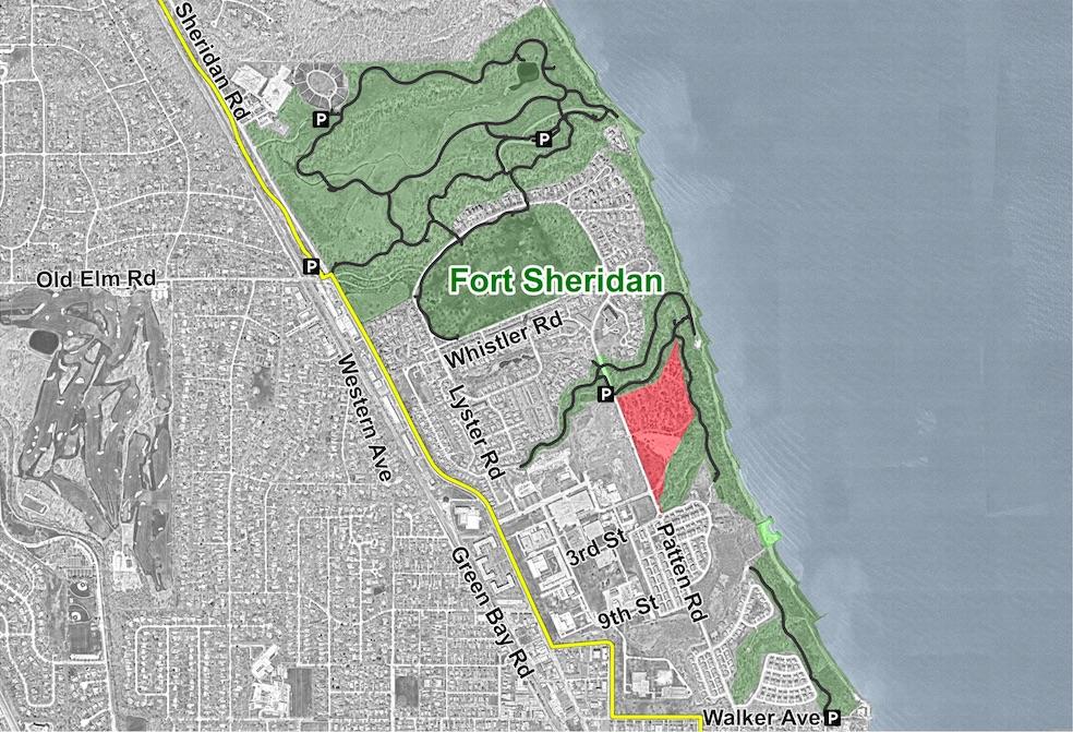 Fort Sheridan Forest Preserve and the Openlands Lakeshore Preserve, in green, with the new acreage in red. (Courtesy of Lake County Forest Preserve District)
