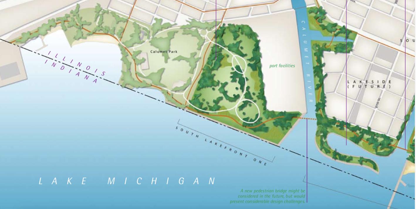 A proposal for additional parkland that would mirror Calumet Park on the south end of Chicago's lakefront. (The Last Four Miles report / Friends of the Parks)  