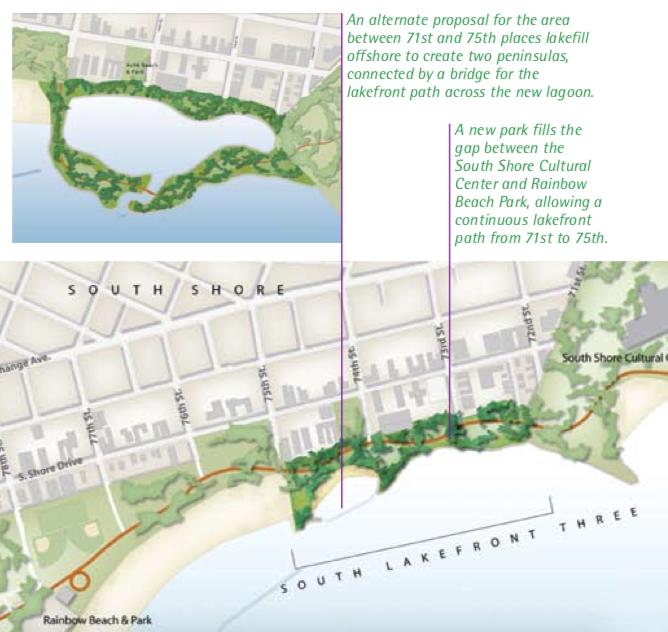 Options for connecting the lakefront system between Rainbow Beach Park and the South Shore Cultural Center. (The Last Four Miles report / Friends of the Parks)    