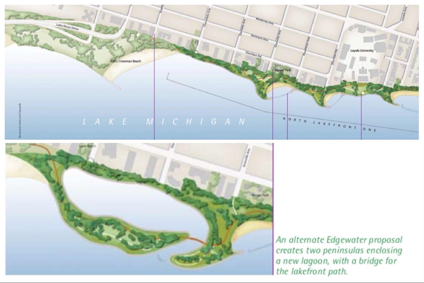 Proposals to create new, connected parks on Chicago's north lakefront in the Edgewater neighborhood. (The Last Four Miles report / Friends of the Parks) 