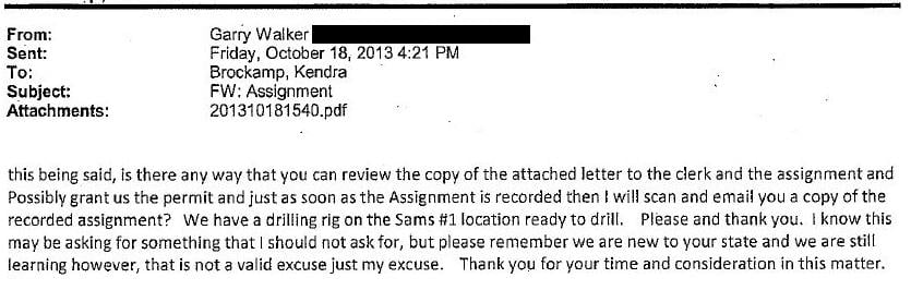 In 2013, Woolsey official Garry D. Walker emailed IDNR asking if it could expedite approval of the company's well despite having filed for the permit under the wrong name. (IDNR)