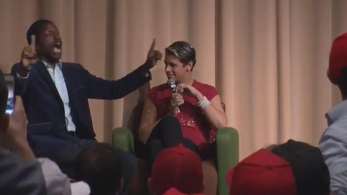 A Black Lives Matter protester interrupts a speech by conservative blogger Milo Yiannopoulos at DePaul University in May 2016. (Courtesy of Diamaris Martino)