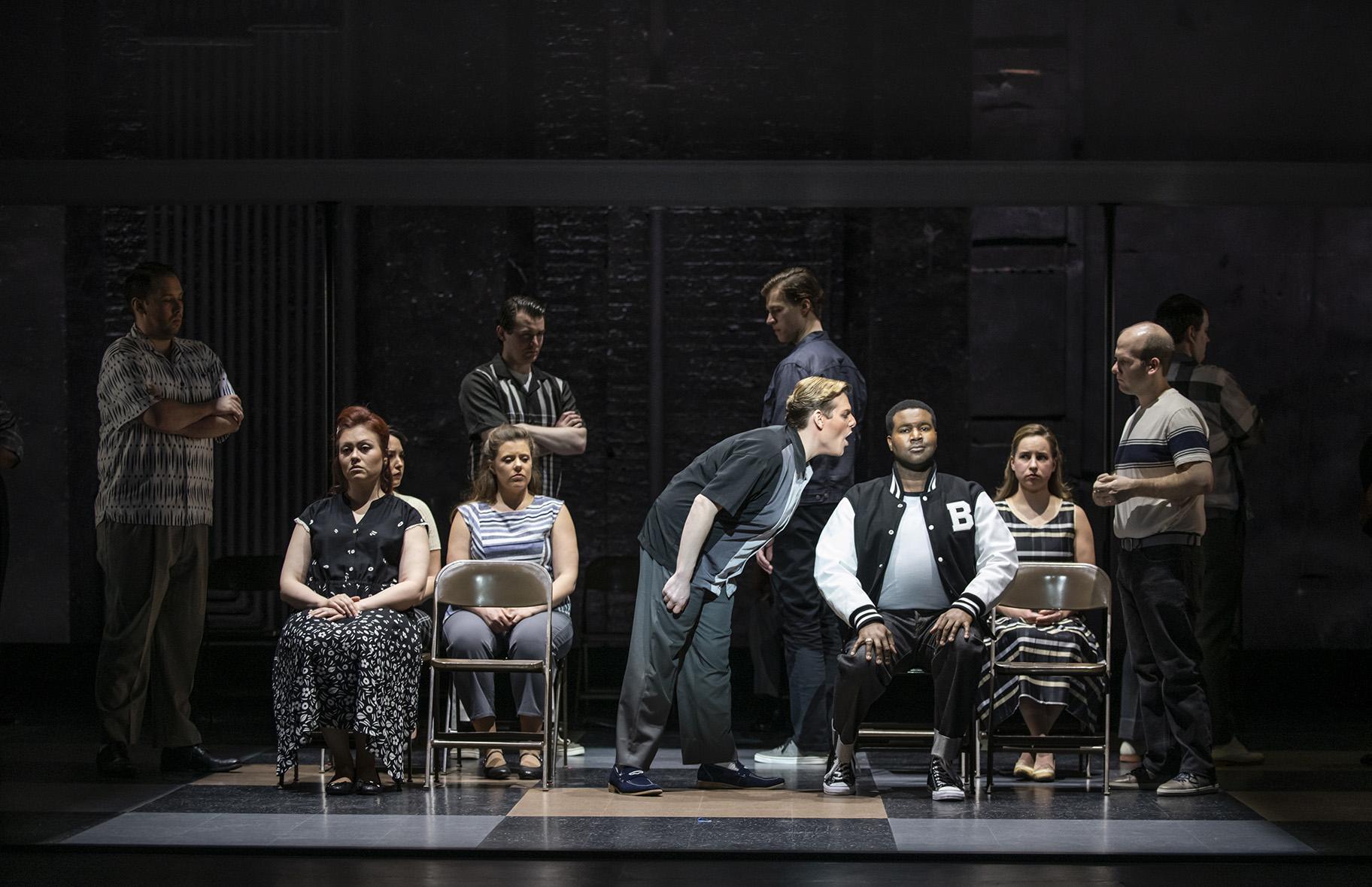 From left, foreground: Samantha Schmid, Blake Friedman and Tyrone Chambers, II in “Freedom Ride.” (Photo credit: Michael Brosilow)