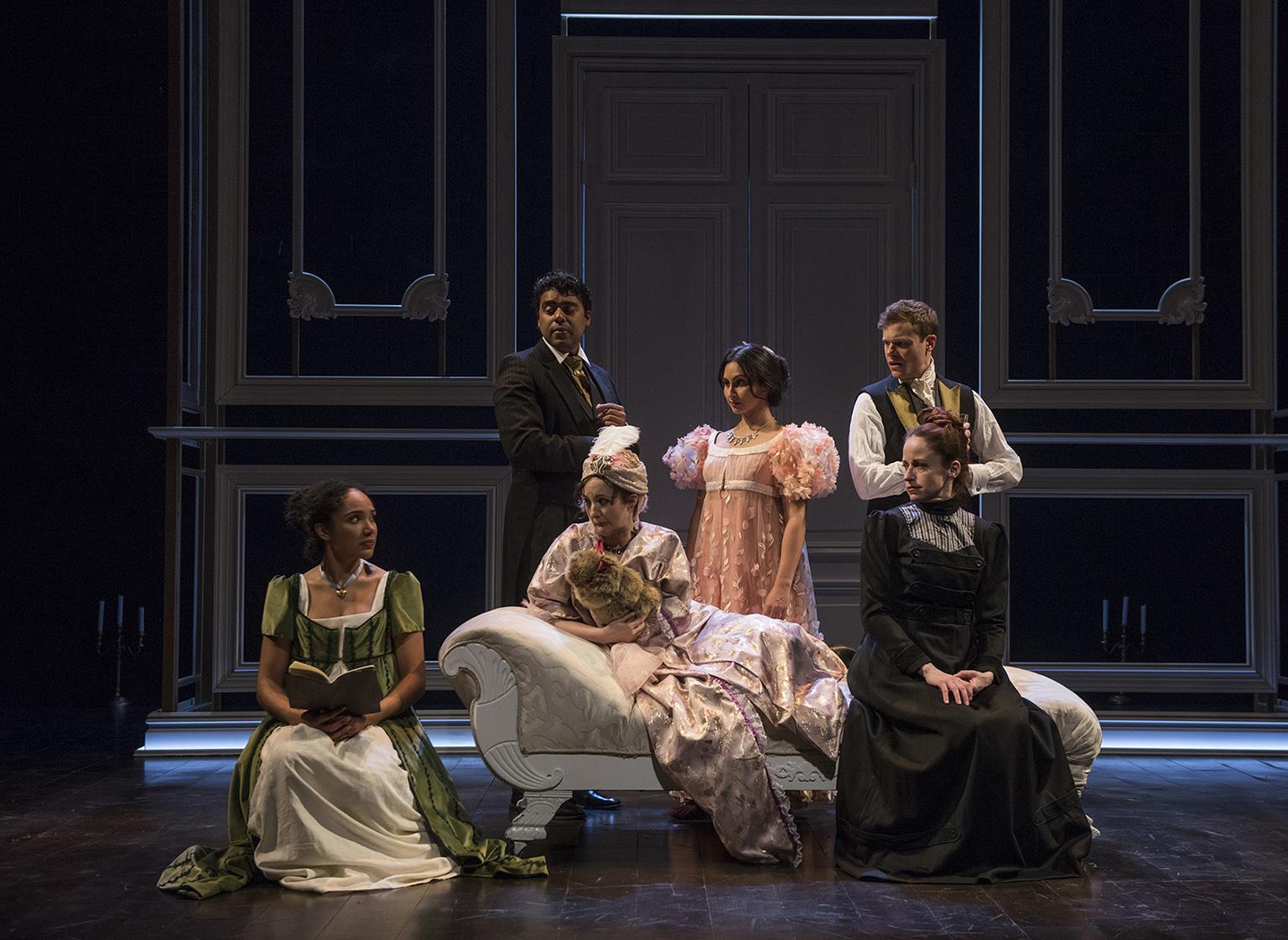 A scene from the world premiere of “Mansfield Park” at Northlight Theatre. Front, from left: Kayla Carter, Kate Hamill and Heidi Kettenring. Back, from left: Gabriel Ruiz, Anu Bhatt and Curtis Edward Jackson. (Photo credit: Michael Brosilow)