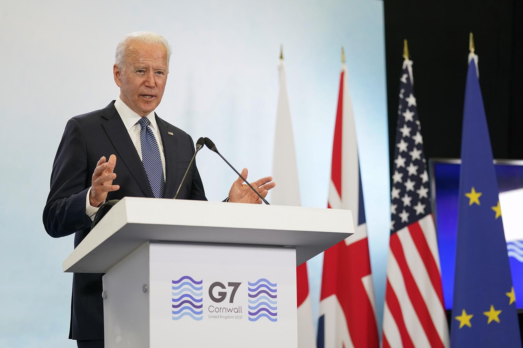 President Joe Biden speaks during a news conference after attending the G-7 summit, Sunday, June 13, 2021, at Cornwall Airport in Newquay, England. (AP Photo / Patrick Semansky)