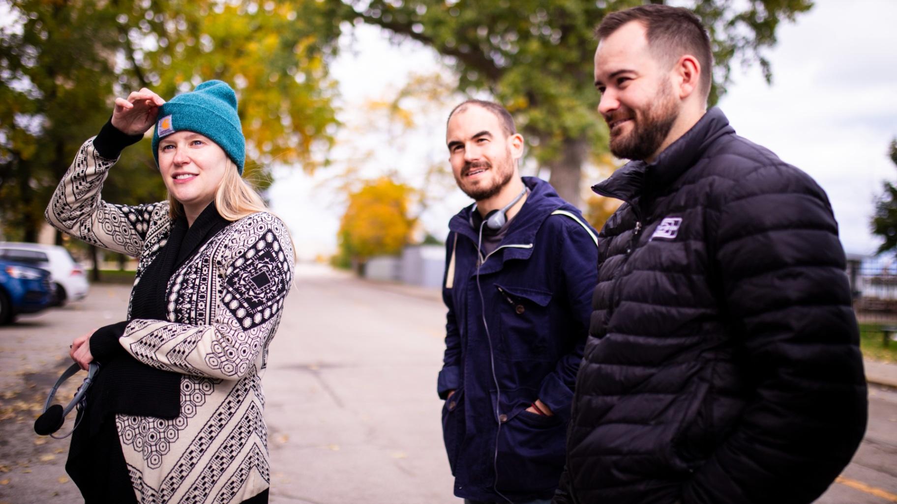 Directors Kelly O’Sullivan, left, and Alex Thompson, middle, on the set of Ghostlight. (Courtesy of Drew Tieng and IFC Films)