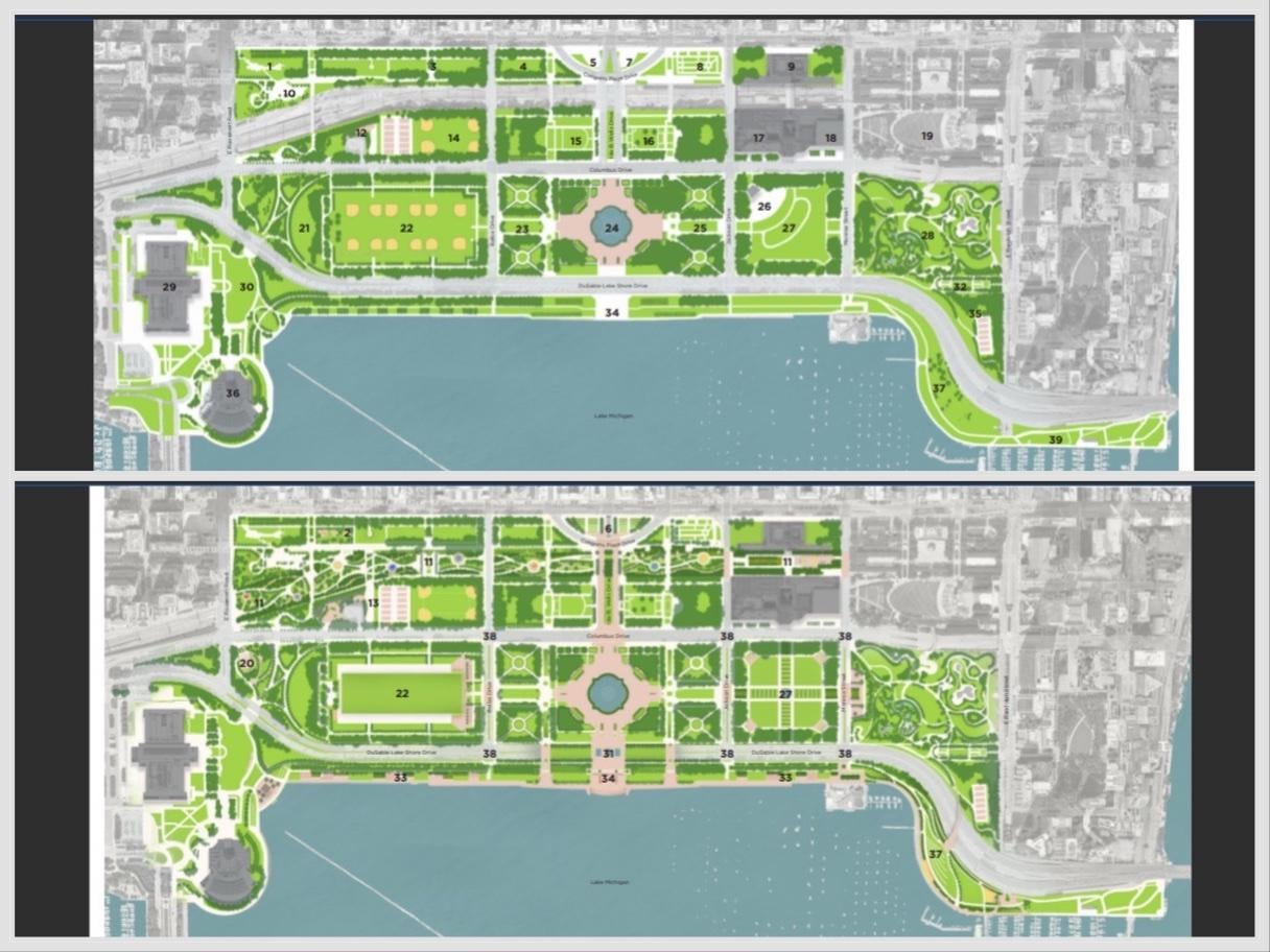 The previous framework plan for Grant Park was adopted in 2002 (top); the new vision unveiled in 2026 (bottom). (Courtesy of Chicago Park District)