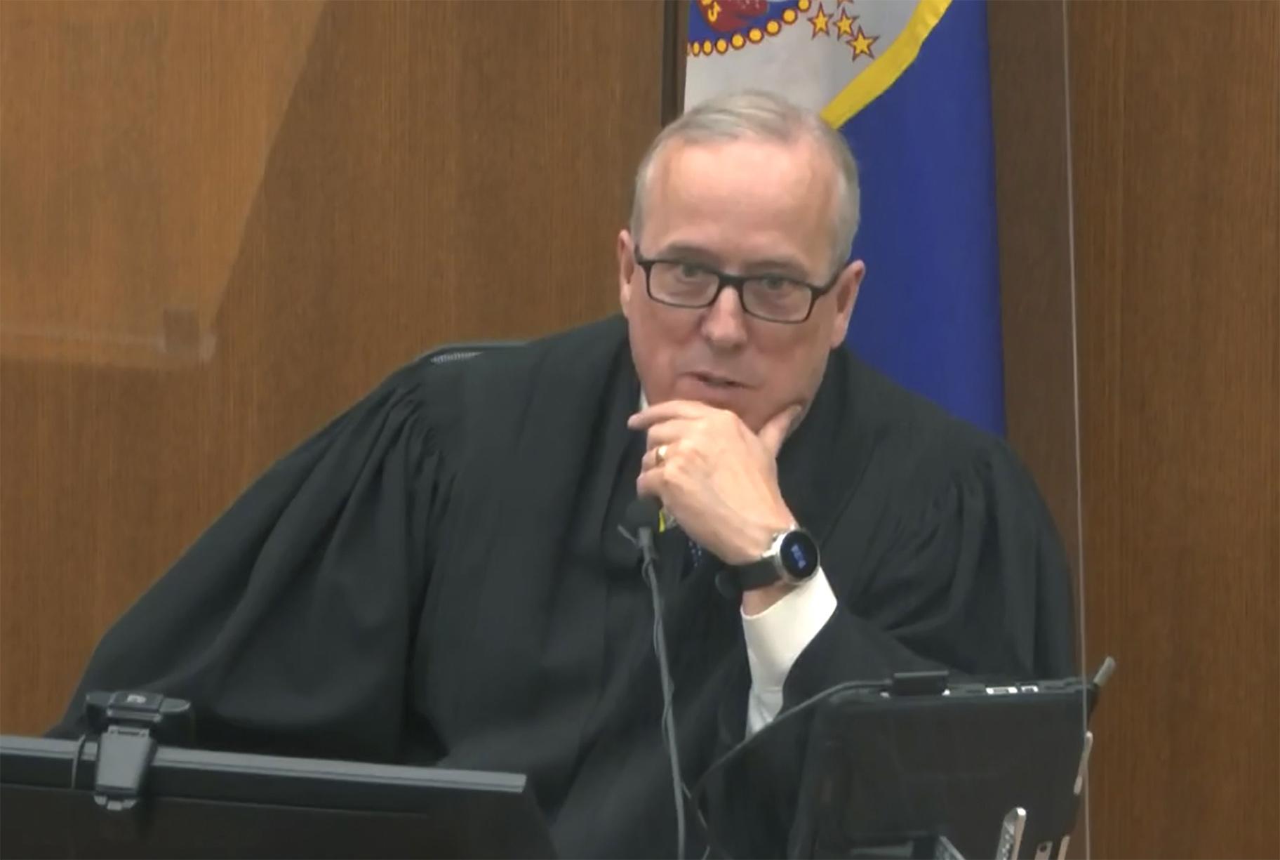 In this image from video, Hennepin County Judge Peter Cahill discusses motions before the court Monday, April 12, 2021, in the trial of former Minneapolis police Officer Derek Chauvin at the Hennepin County Courthouse in Minneapolis. (Court TV via AP, Pool)
