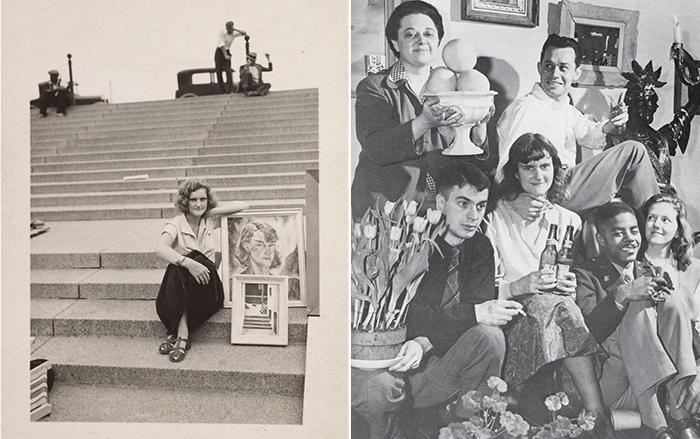 Left: Gertrude Abercrombie with self-portrait. Right: Abercrombie, center with beer bottles, surrounded by friends. (Phillip A. Harrington)