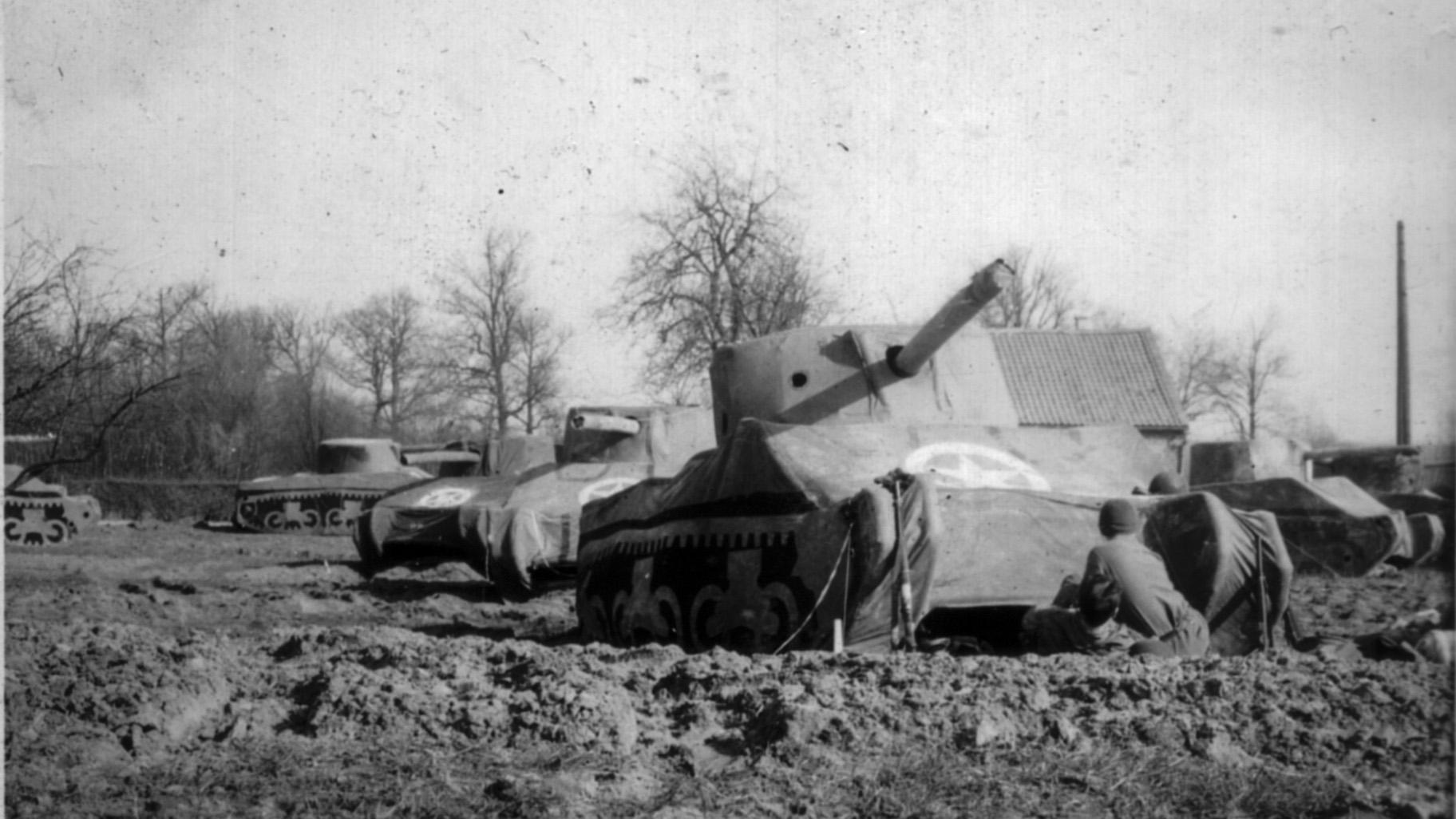 This photo provided by the Ghost Army Legacy Project shows inflatable tanks in March, 1945. For decades, their mission during World War II was a secret. With inflatable tanks, trucks and planes, combined with sound effects, radio trickery, costume uniforms and acting, the American military units that became known as the Ghost Army helped outwit the enemy. (National Archives / Ghost Army Legacy Project via AP)