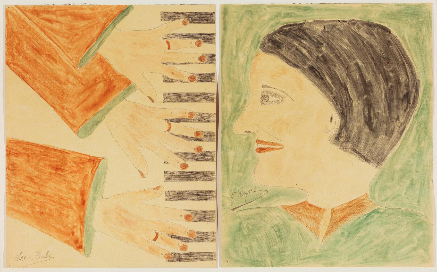 Lee Godie (American, 1908-1994). Three Hands on a Piano, n.d. Watercolor and ink on paper, 20 x 16 in. (50.8 x 40.6 cm). Ellyn in Profile, n.d. Watercolor and ink on paper, 20 x 16 in. (50.8 x 40.6 cm). Collection of Victor F. Keen 