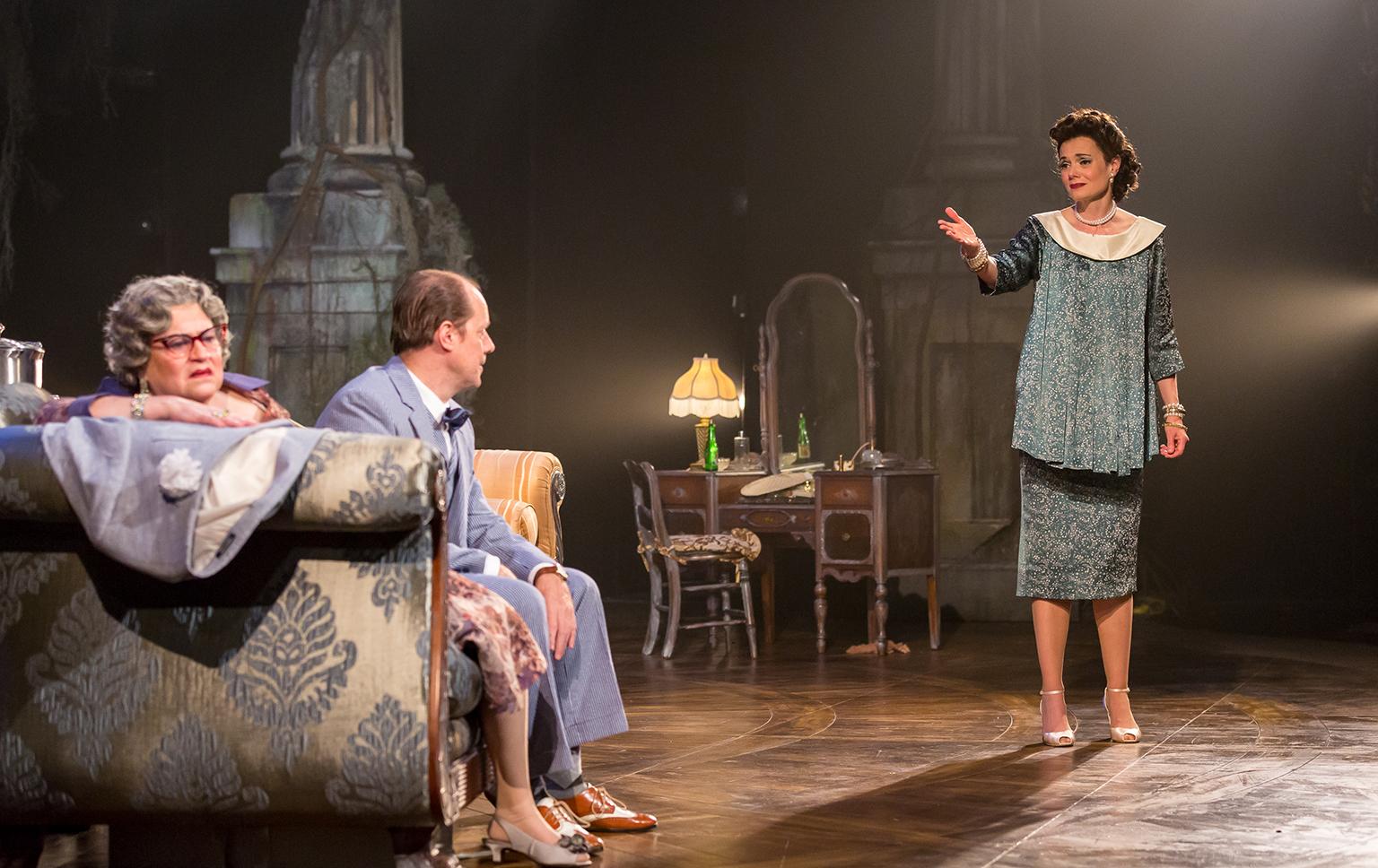 From left: Cindy Gold, Michael Milligan and Gail Rastorfer in “Cat on a Hot Tin Roof.” (Credit: Brett Beiner Photograpahy)