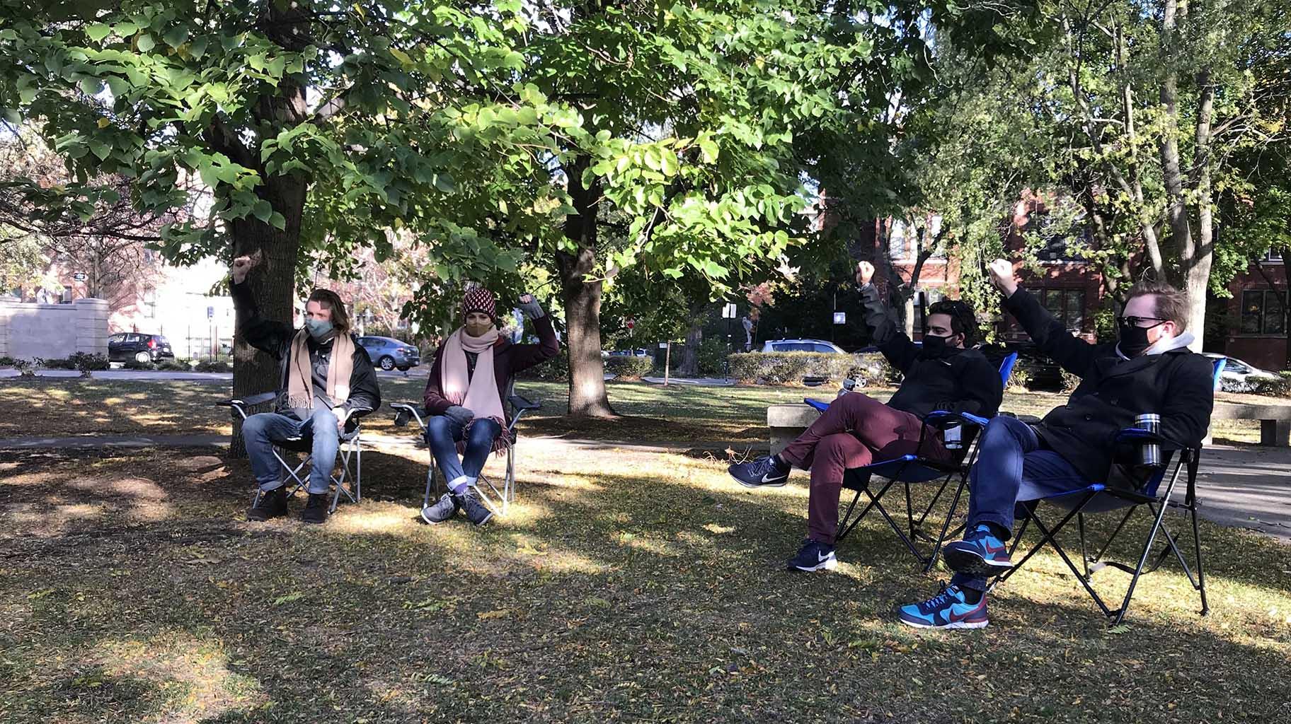 A listening party for the audio play “Good Trouble” in the courtyard of Senn High School on Sunday, Nov. 1, 2020. (Ariel Parrella-Aureli / WTTW News)