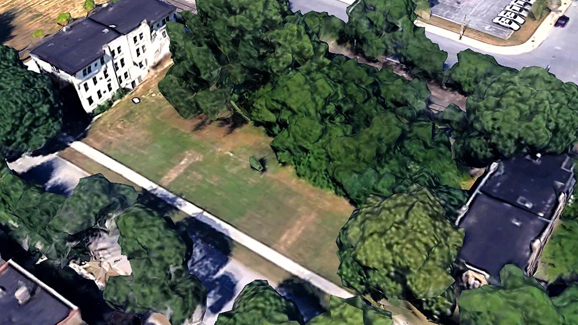 Remnants of the tenement building’s original foundation in Pullman are visible in this Google Earth image.