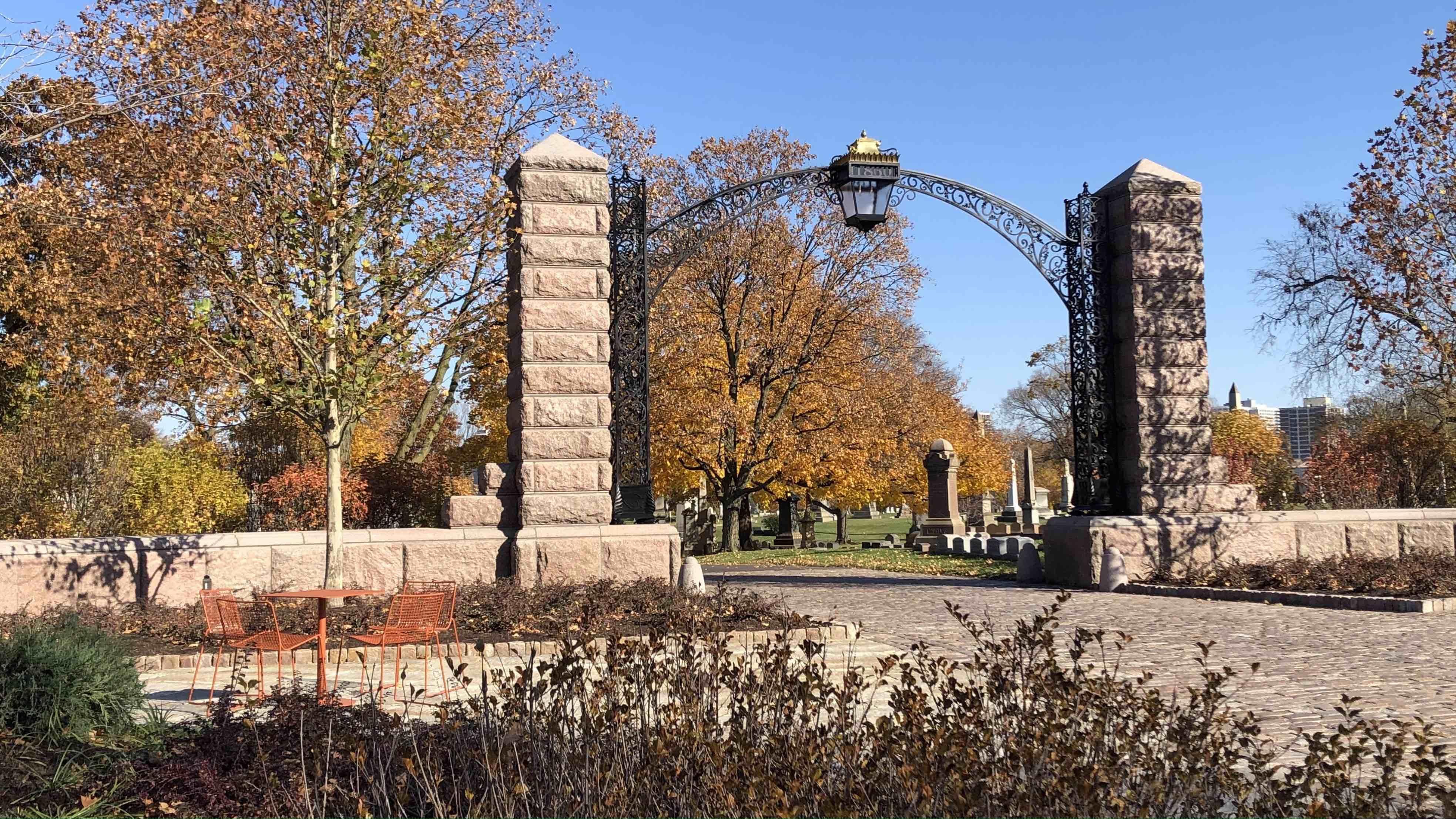 Graceland Cemetery debuted a new entry plaza in 2023, designed to invite more people into the 120-acre green space. (Patty Wetli / WTTW News)
