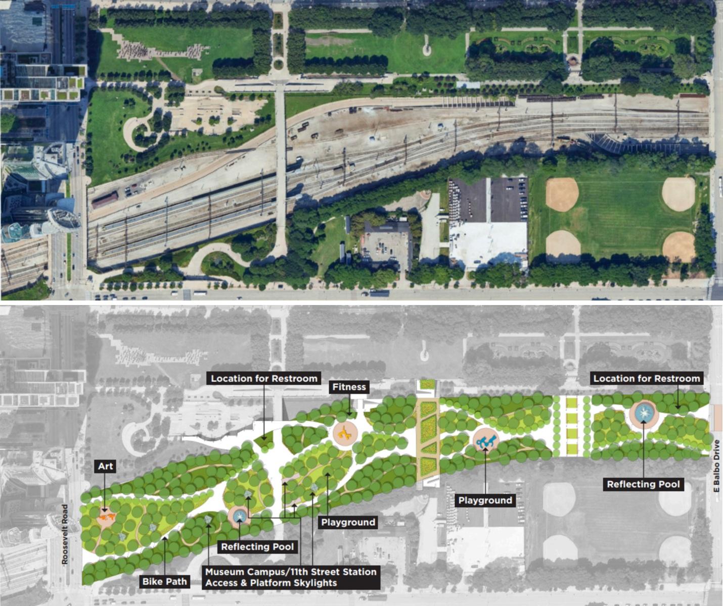 Rail lines that currently slice through Grant Park (top) would be decked over, similar to Millennium Park, creating what the Park District has dubbed the Forest Line. It’s one of the most ambitious proposals in the updated framework plan for Grant Park. (Courtesy of Chicago Park District)  