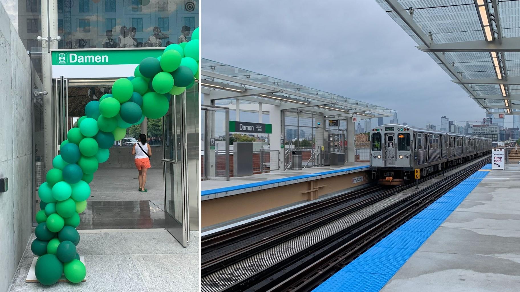 The Damen ‘L’ station, located at North Damen Avenue and West Lake Street, connects a 1.5 mile gap of service that existed between the California and Ashland stations on the Green Line. The station restores rail service in the area for the first time in 76 years. (Eunice Alpasan / WTTW News)