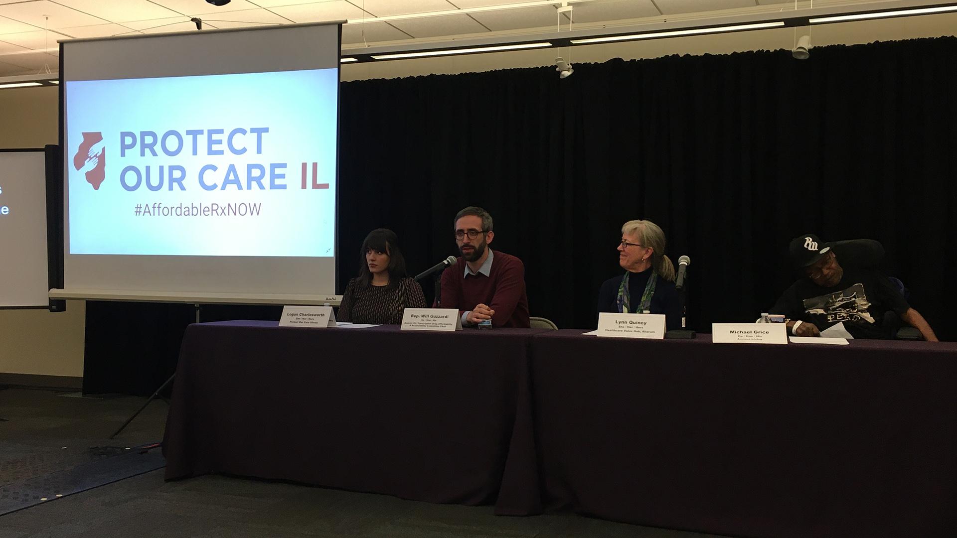 Illinois Rep. Will Guzzardi (second from left) speaks Monday, Feb. 24, 2020 at a press conference about a newly released statewide survey that found the majority of Illinois residents are concerned about future health care costs. (Kristen Thometz / WTTW News)