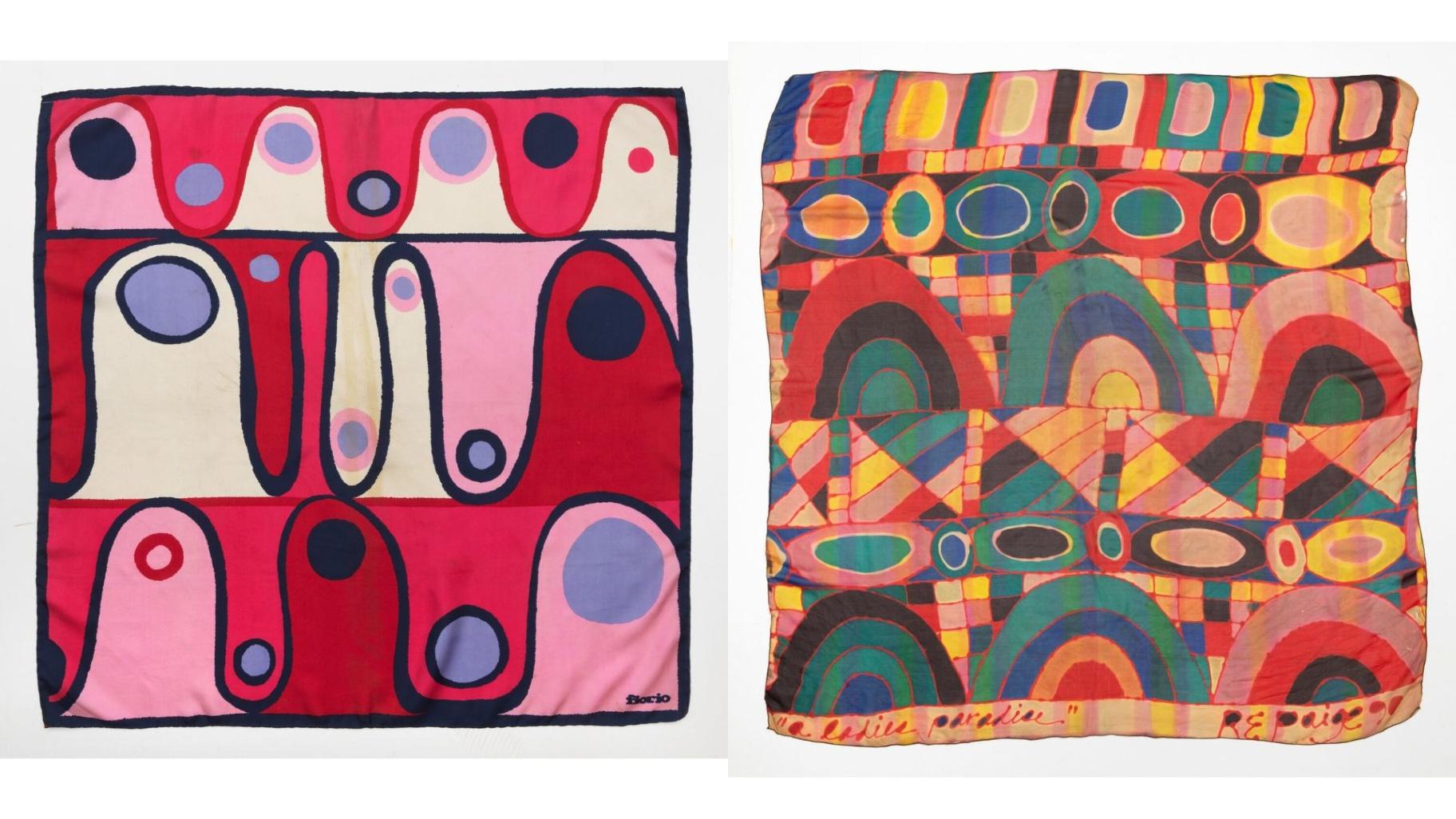 Left: Scarf silk screen print by Robert Earl Paige, 1964. Right: Hand-painted and dyed crepe de Chine silk by Robert Earl Paige, 1990. (Provided)