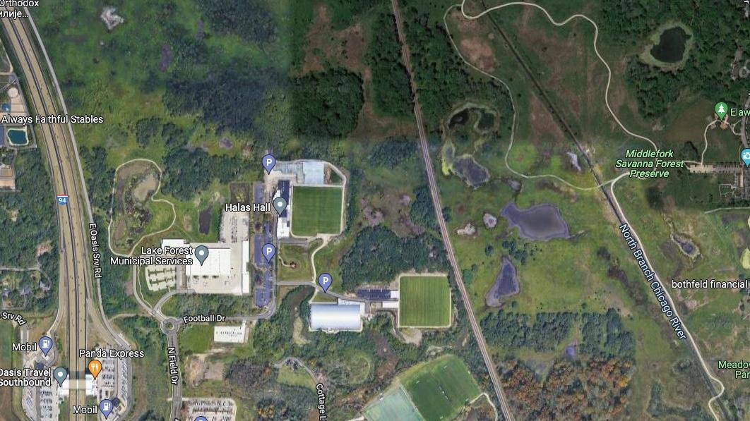 A satellite view showing the proximity of Halas Hall to Middlefork Savanna. (Google)
