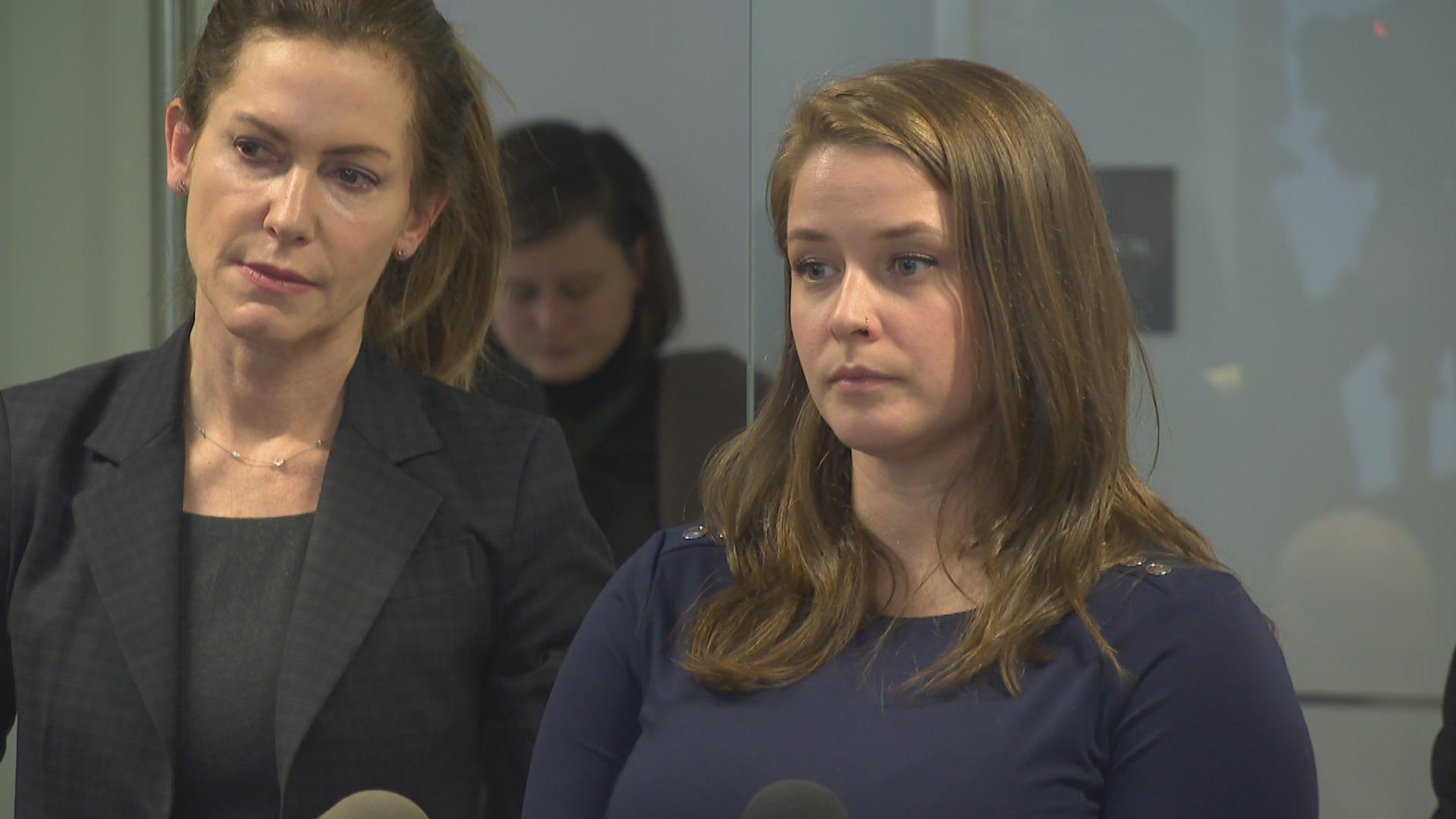 Alaina Hampton, right, speaks to the media Feb. 13, 2018 with her spokesperson Lorna Brett.