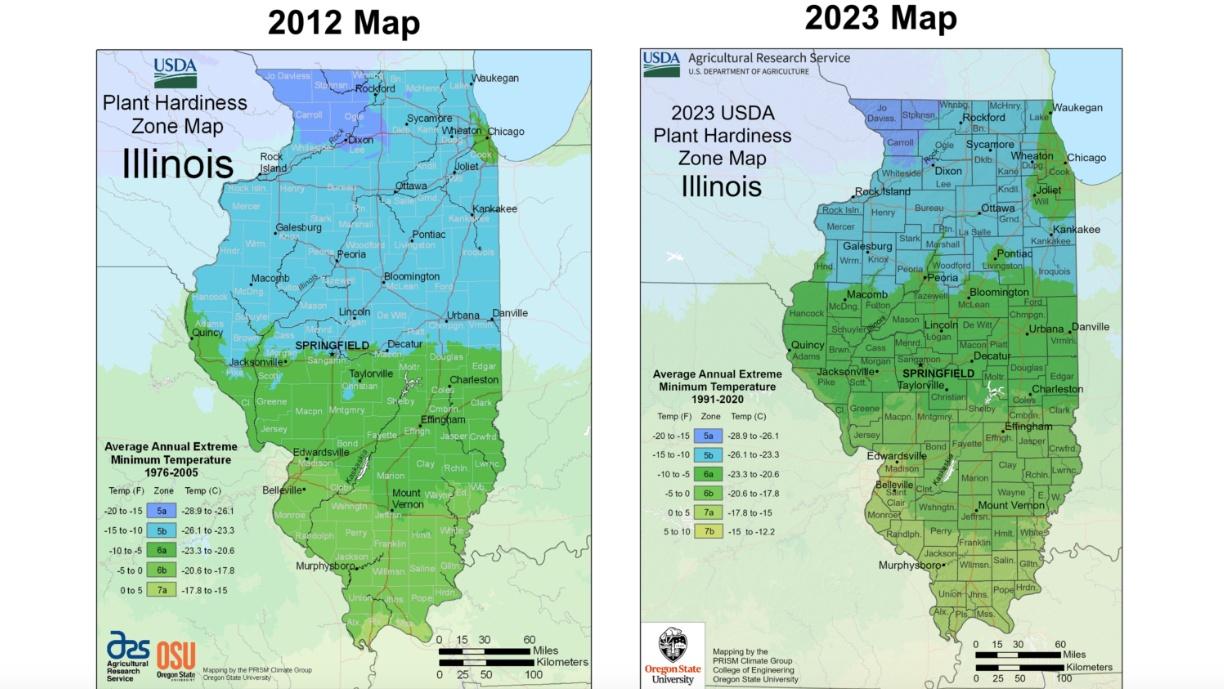 Illinois hardiness zone maps, 2012 and 2023. (USDA)