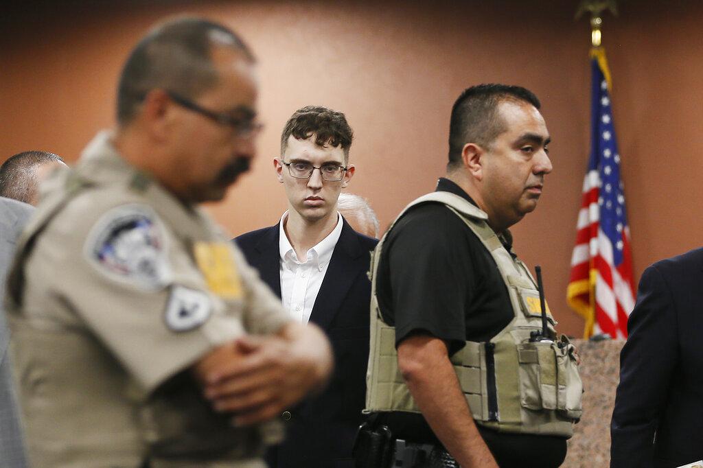 In this Oct. 10, 2019 file photo, El Paso Walmart shooting suspect Patrick Crusius pleads not guilty during his arraignment in El Paso, Texas. (Briana Sanchez / El Paso Times via AP, Pool, File)