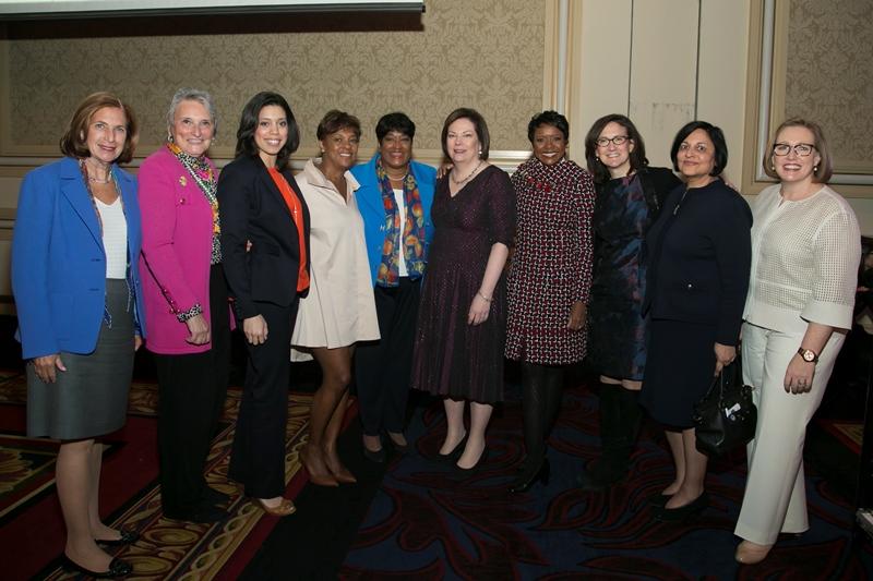 Guests at the Women in the Forefront luncheon from left to right: Ilene Gordon, Carla Michelotti, Jamie-Clare Colvin, Kym Hubbard, TCN Board Chair Donna Thompson, TCN President & CEO Kate Bensen, Mellody Hobson, Sally Blount, Kapila Anand and Elizabeth Hartigan Connelly. (Courtesy of The Chicago Network)