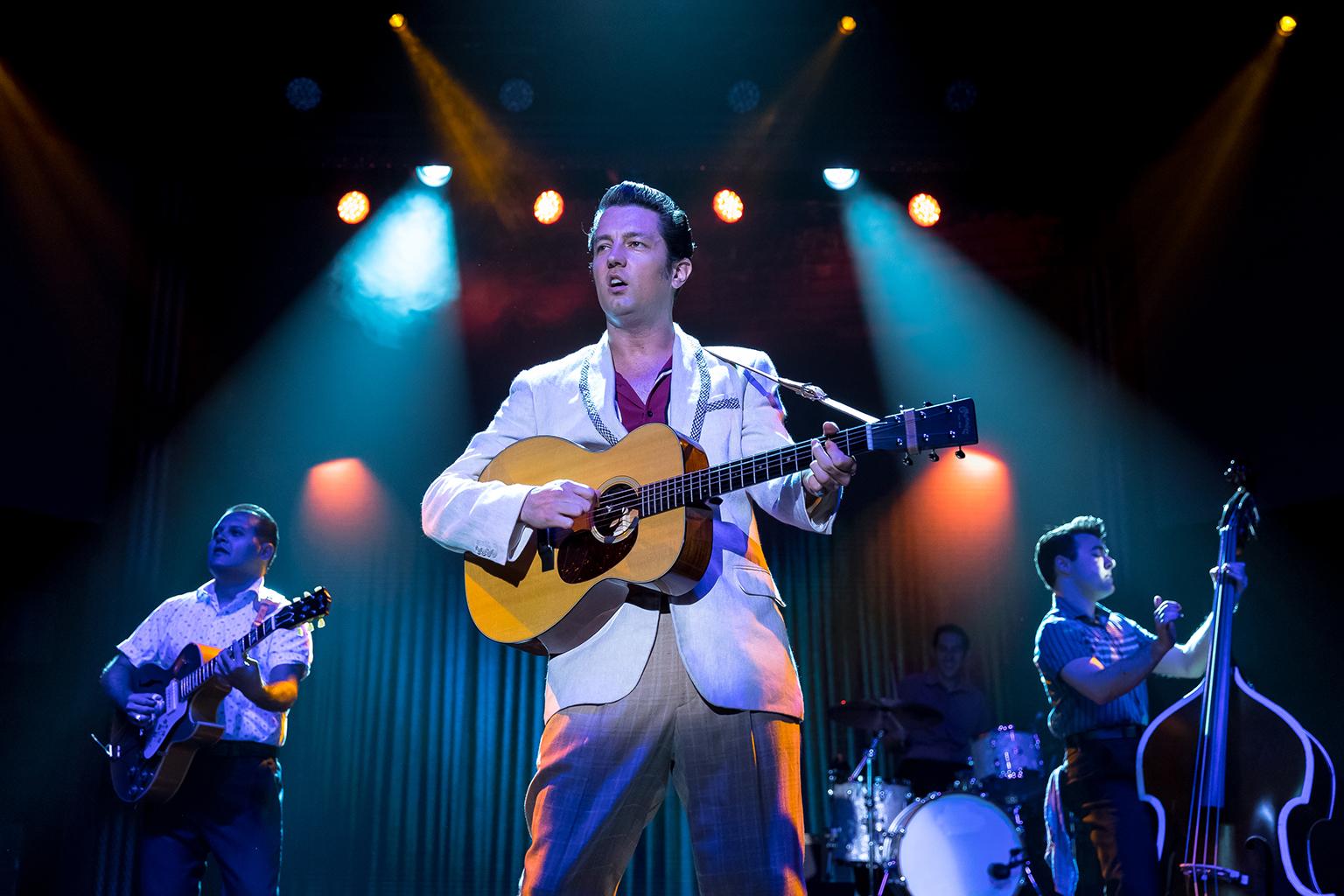 From left: Matt Codina, Eddie Clendening, Jamie Pittle and Zach Lentino in “Heartbreak Hotel” at the Broadway Playhouse. (Credit: Brett Beiner)