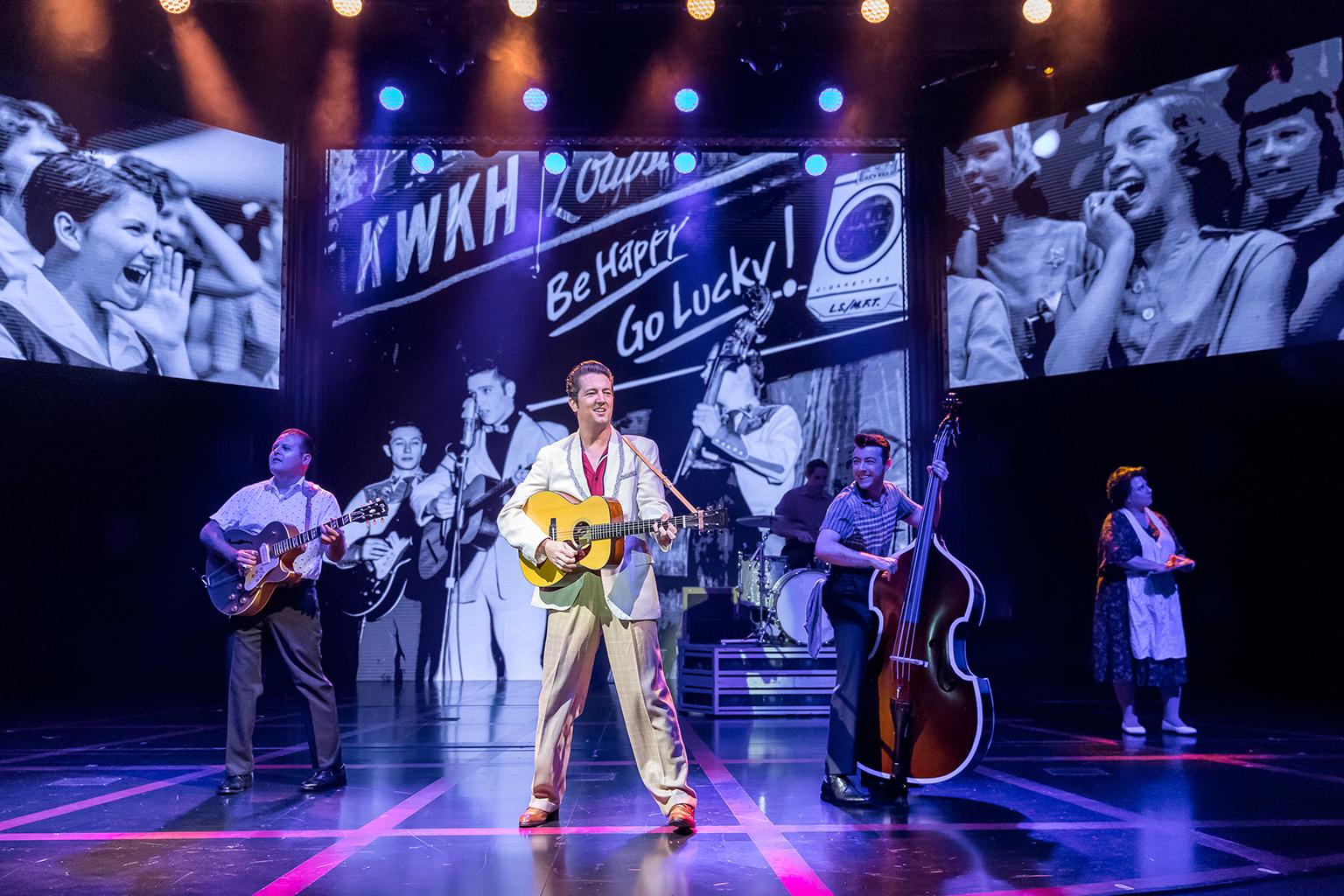 From left: Matt Codina, Eddie Clendening and Zach Lentino in “Heartbreak Hotel” at the Broadway Playhouse. (Credit: Brett Beiner)