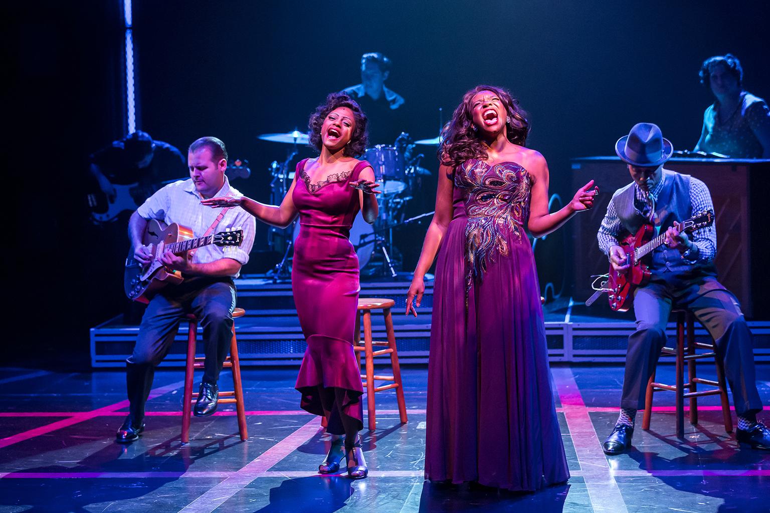 From left: Matt Codina, Katherine Lee Bourne, Takesha Meshe Kizart and Geno Henderson in “Heartbreak Hotel” at the Broadway Playhouse. (Credit: Brett Beiner)